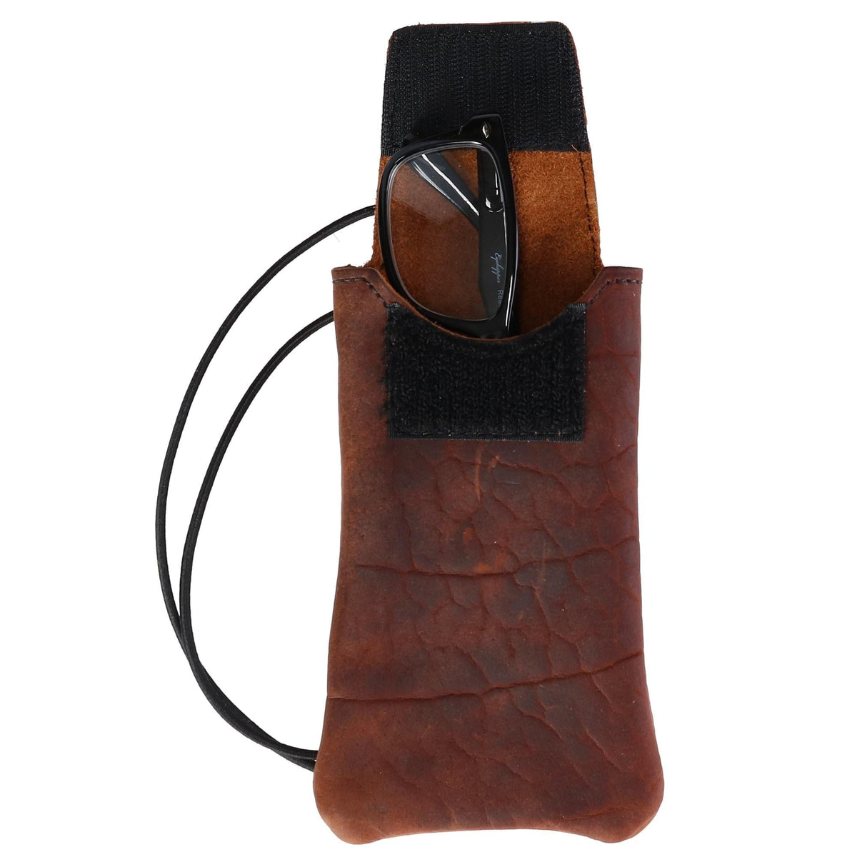 Boston Leather Textured Bison Leather Eyeglass Case with Neck String - Dark Pecan