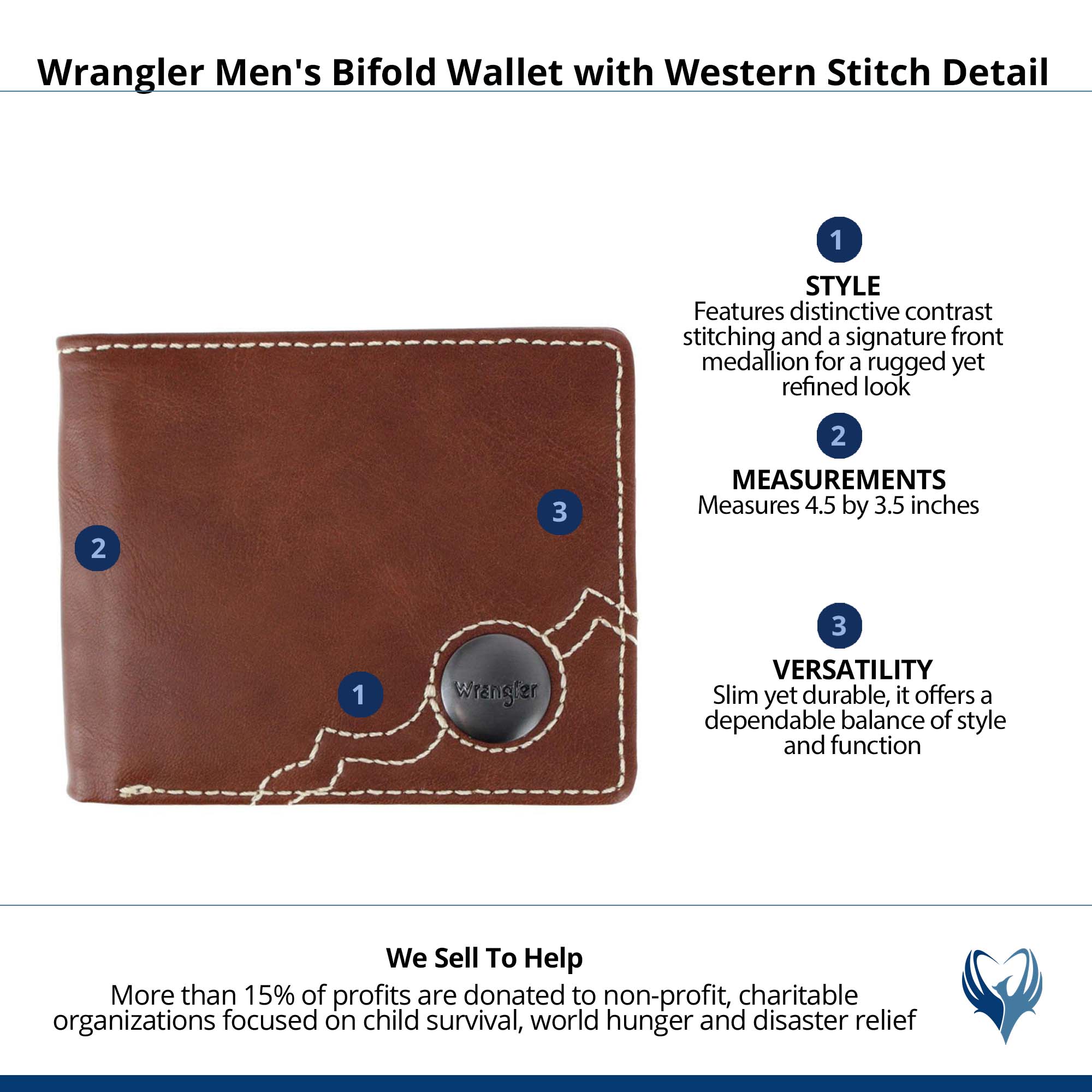 Wrangler Men's Bifold Wallet with Western Stitch Detail - Brown