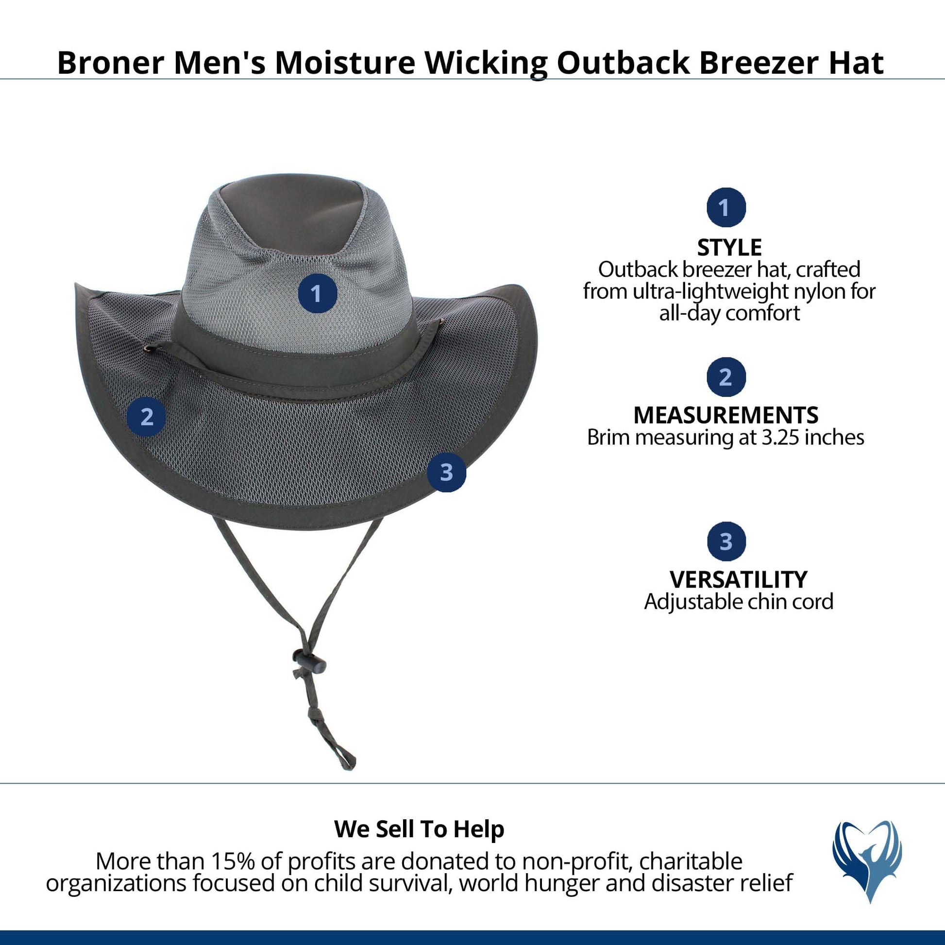 Broner Men's Moisture Wicking Outback Breezer Hat - Charcoal
