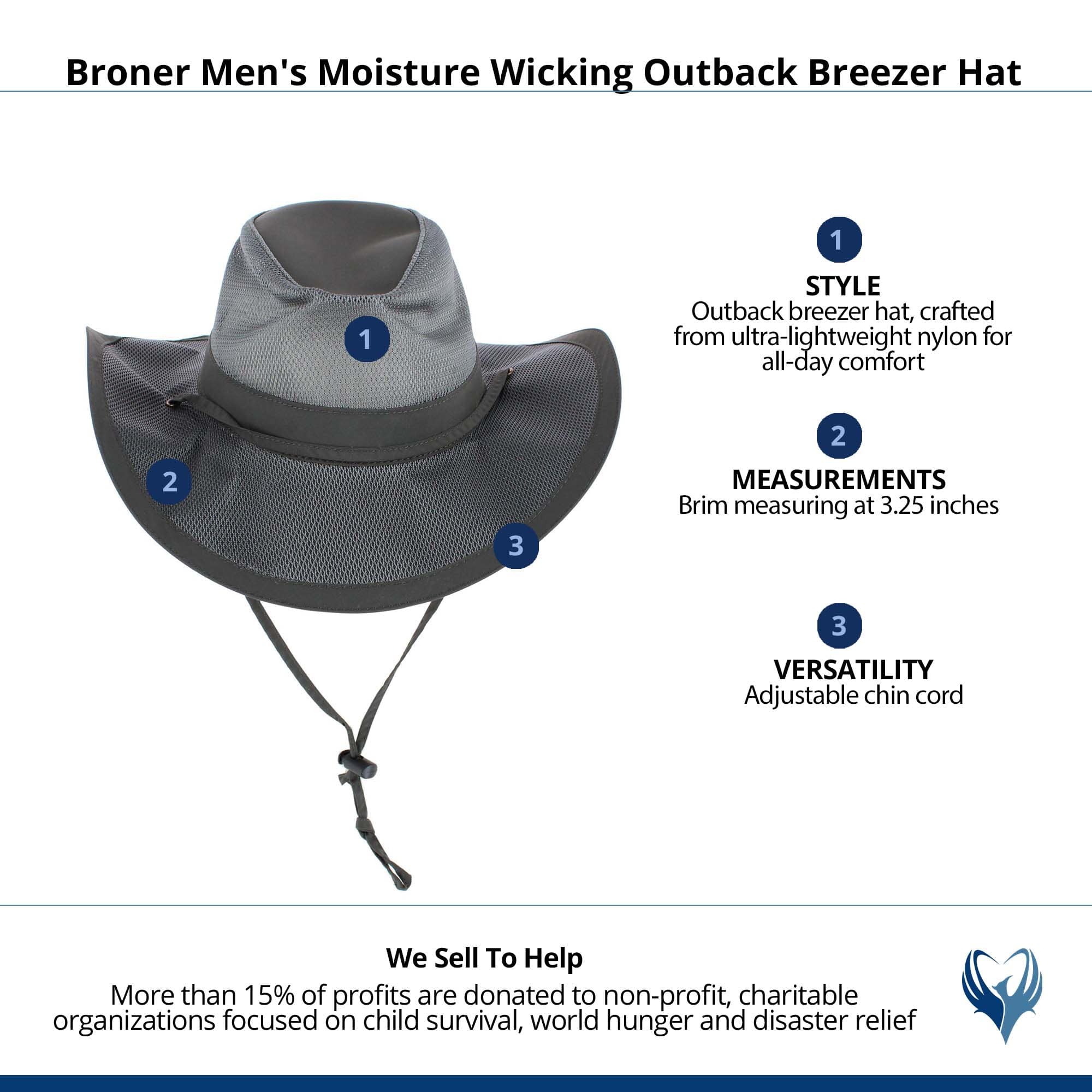 Broner Men's Moisture Wicking Outback Breezer Hat - Charcoal