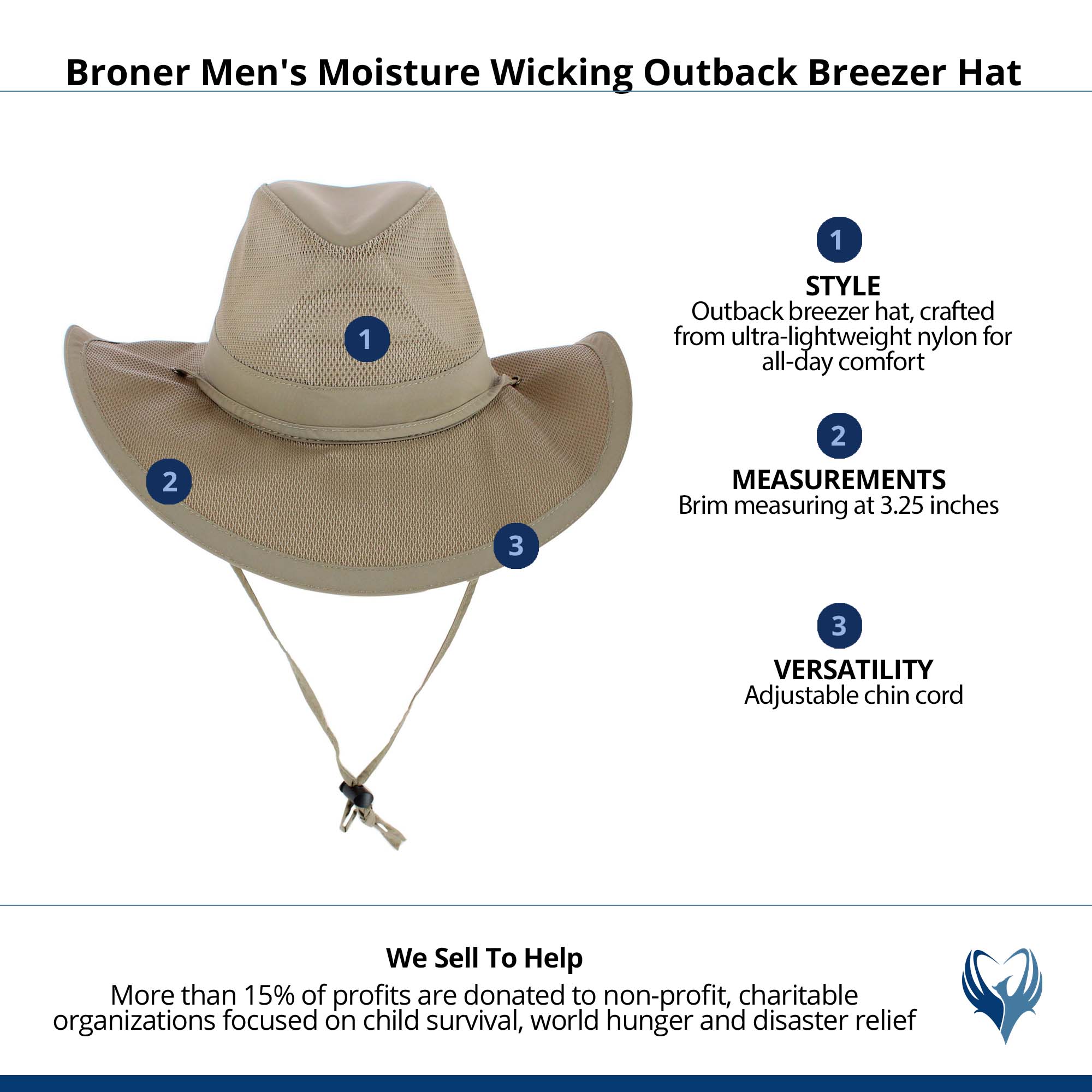 Broner Men's Moisture Wicking Outback Breezer Hat - Khaki