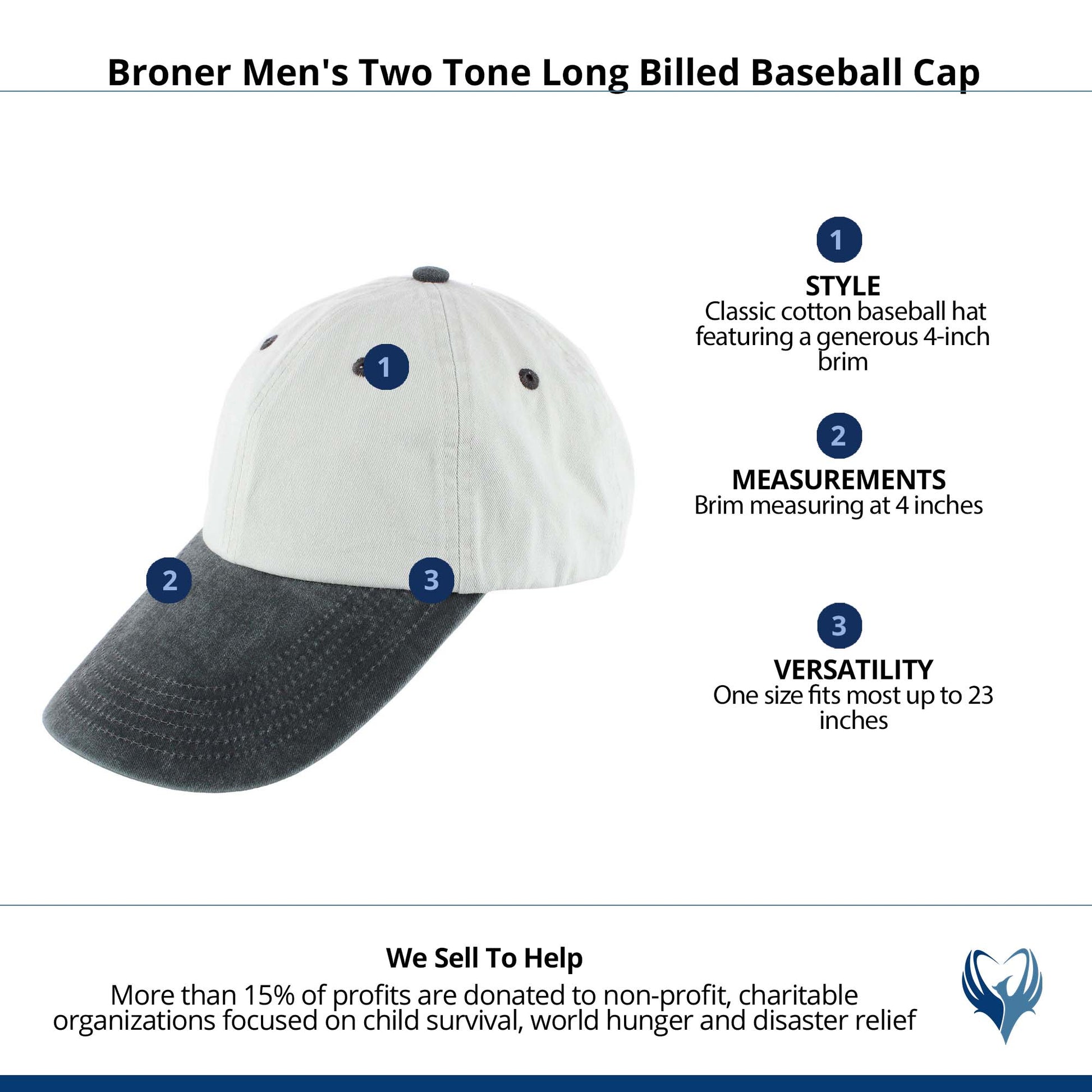Broner Men's 4 Inch Two Tone Long Billed Baseball Cap - Stone/Charcoal