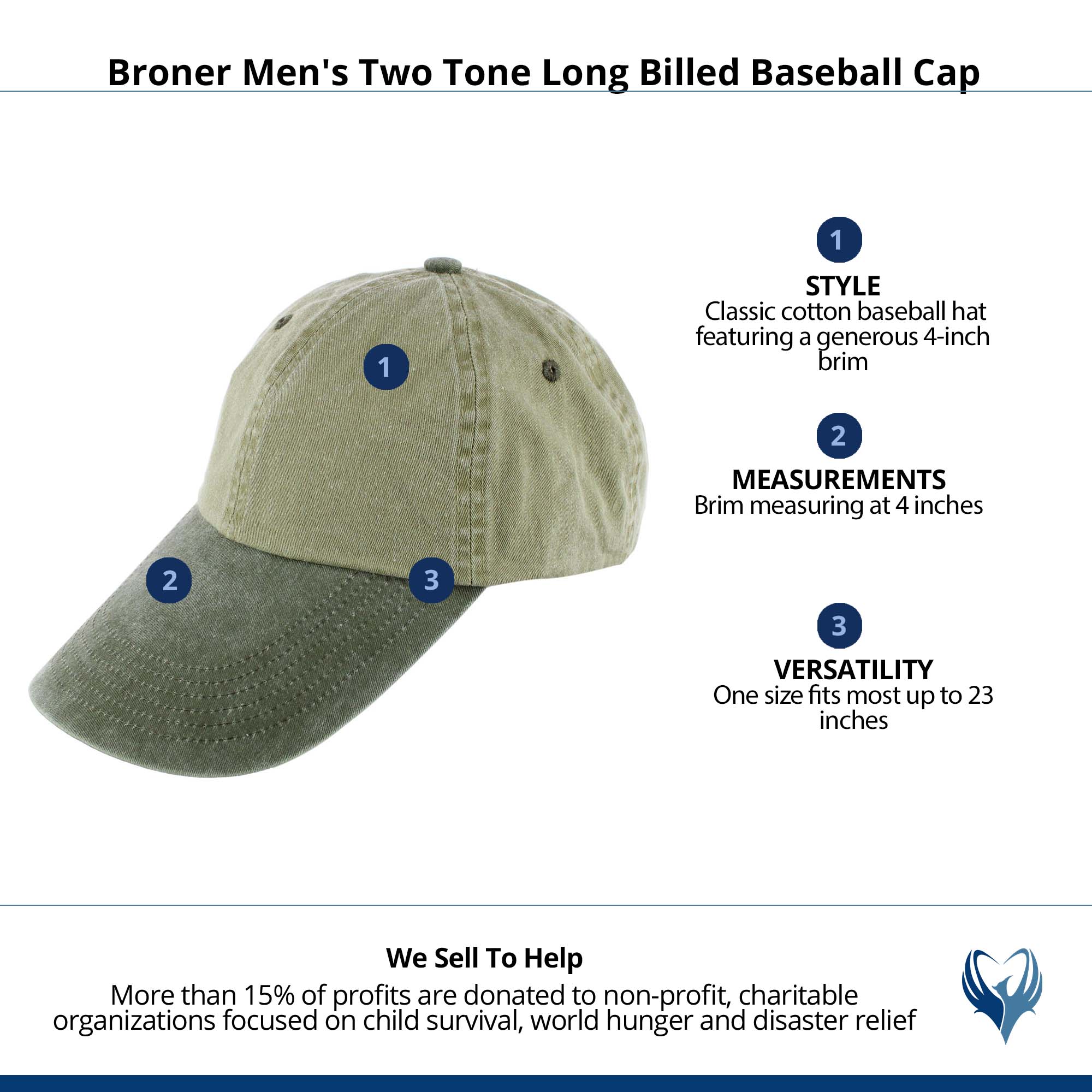 Broner Men's 4 Inch Two Tone Long Billed Baseball Cap - Khaki/Cactus