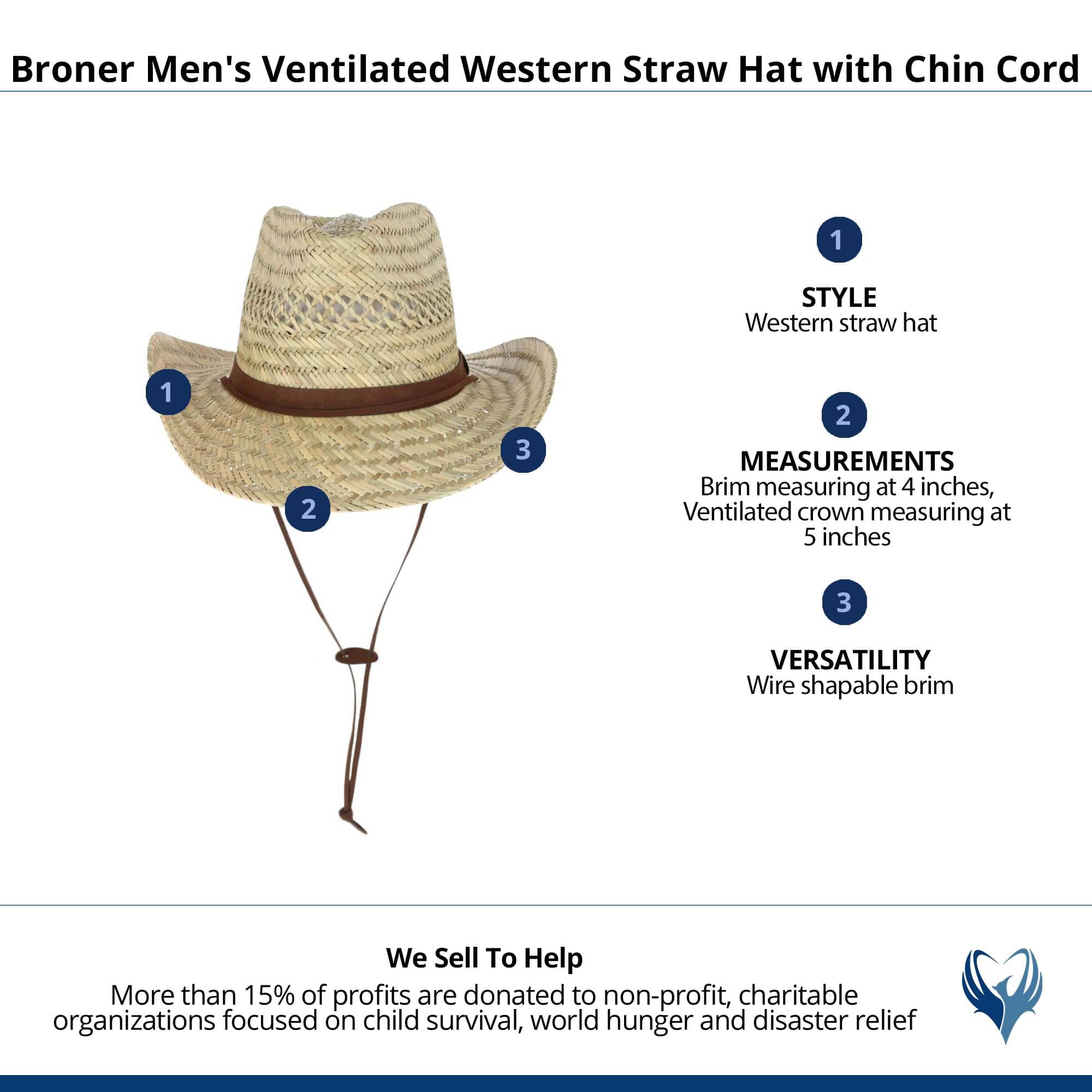 Broner Men's Ventilated Western Straw Hat with Chin Cord - Natural