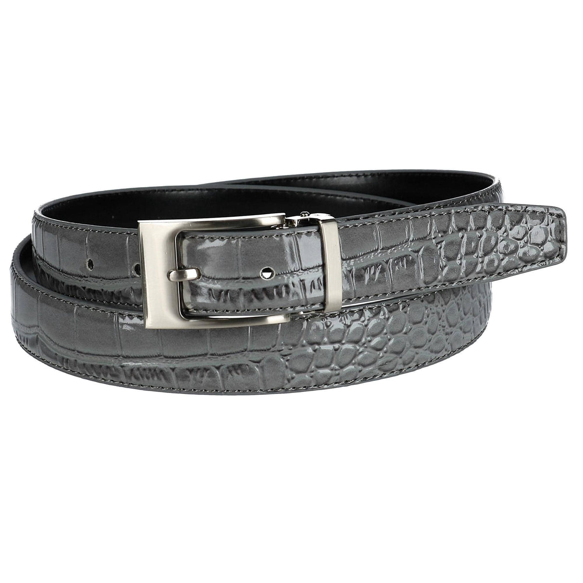 CTM® Leather Croc Print Dress Belt with Clamp On Buckle - Light Grey