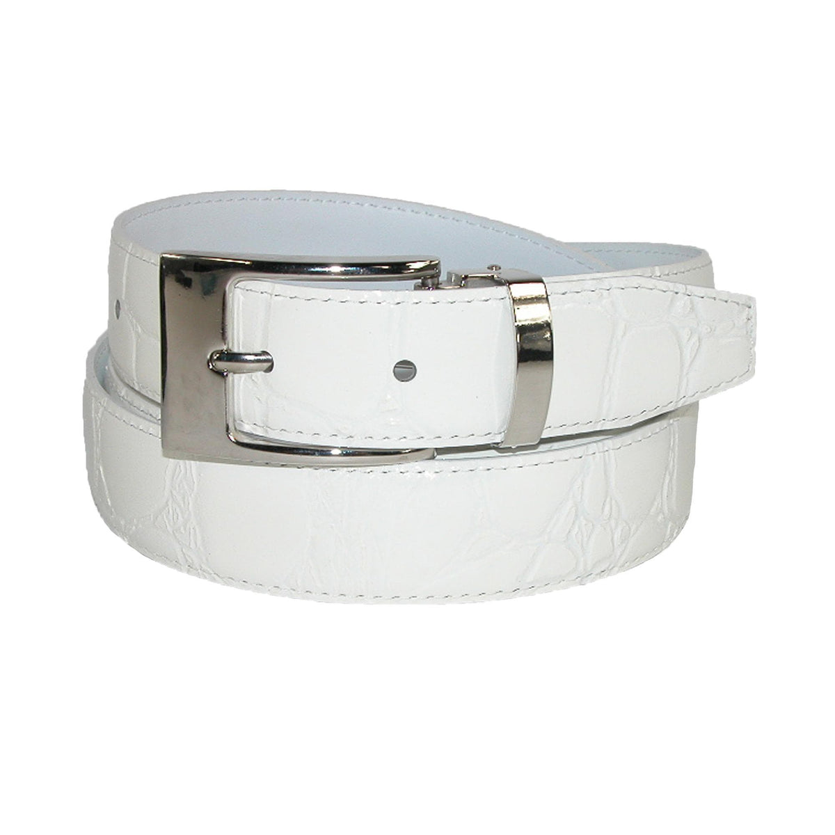 CTM® Leather Croc Print Dress Belt with Clamp On Buckle - White