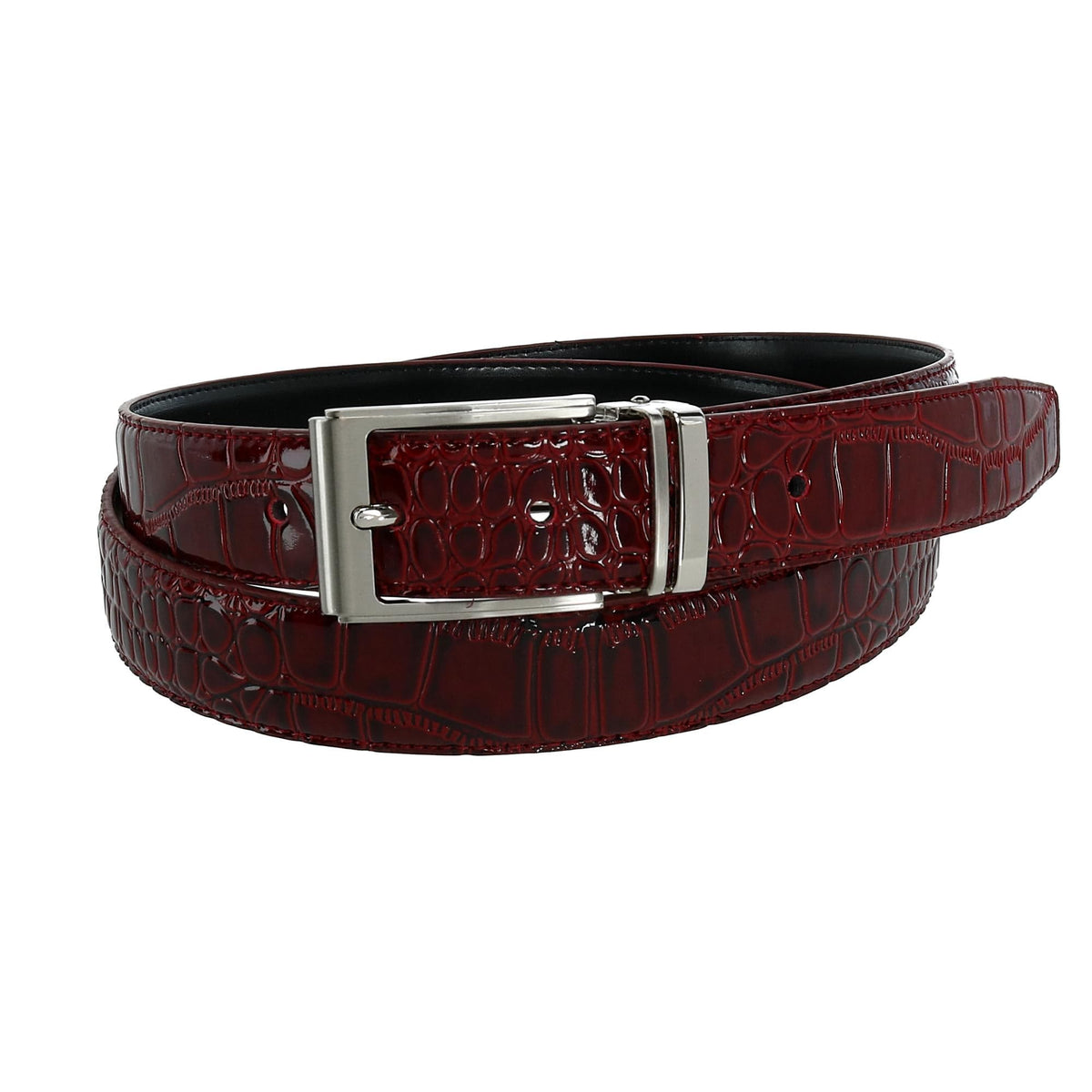 CTM® Big & Tall Leather Croc Print Dress Belt with Clamp On Buckle - Burgundy