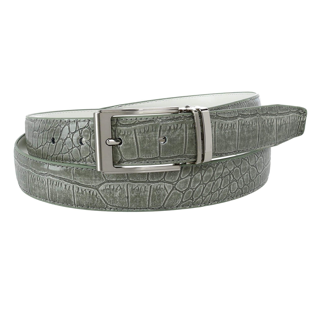 CTM® Big & Tall Leather Croc Print Dress Belt with Clamp On Buckle - Light Grey