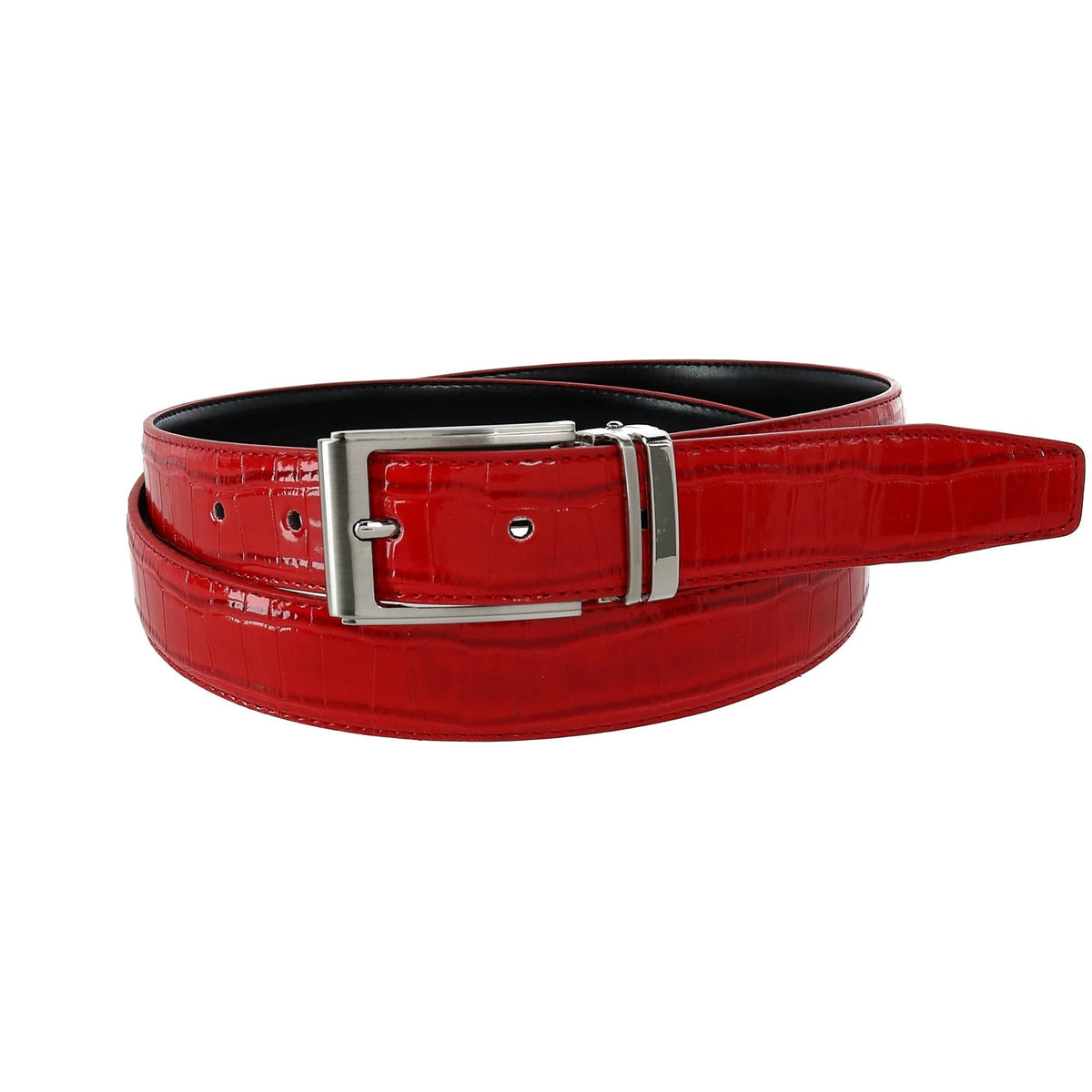 CTM® Big & Tall Leather Croc Print Dress Belt with Clamp On Buckle - Red