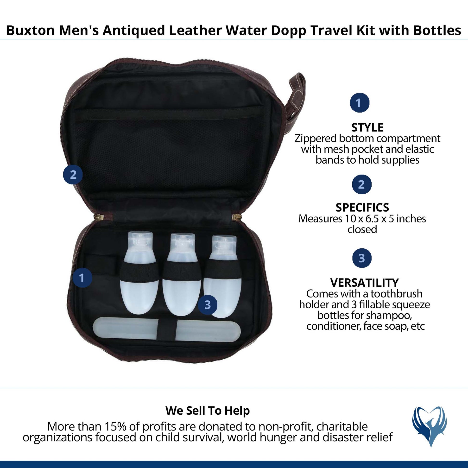 Buxton Men's Antiqued Leather Water Dopp Travel Kit with Bottles - Brown
