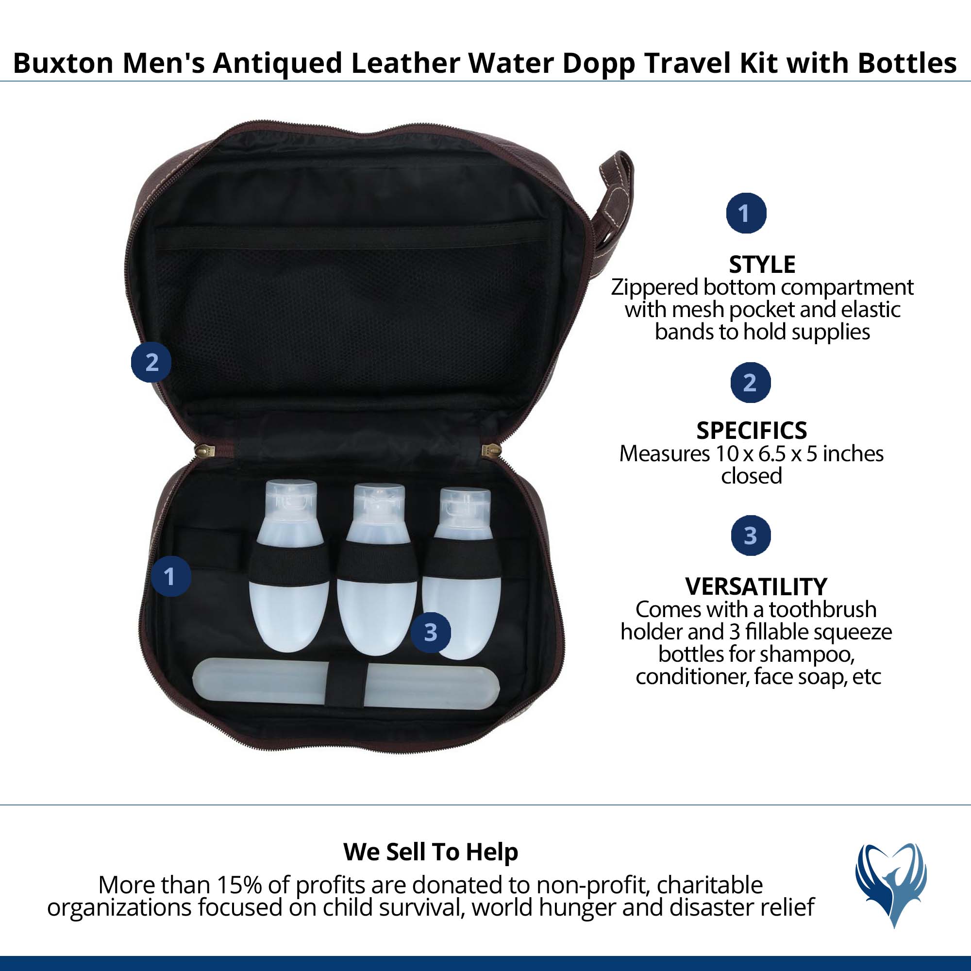 Buxton Men's Antiqued Leather Water Dopp Travel Kit with Bottles - Brown