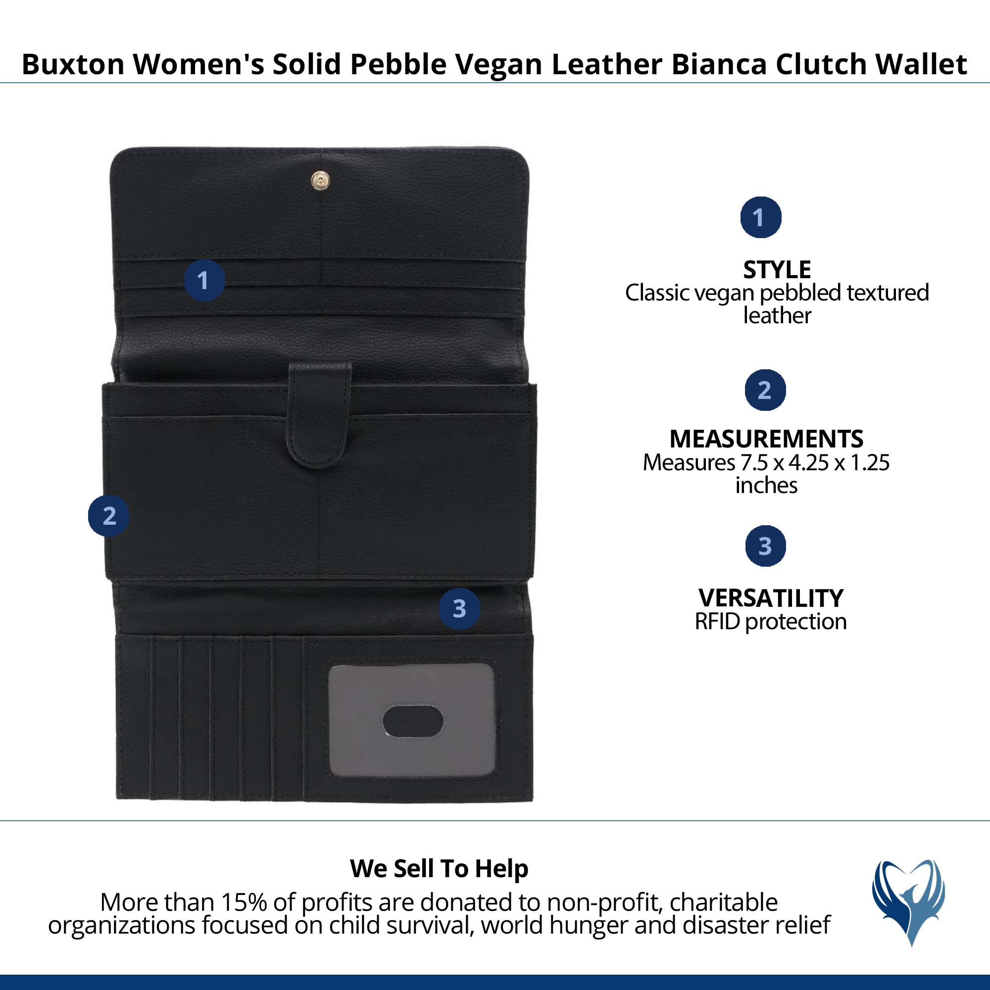 Buxton Women's Solid Colored Premium Faux Leather Bianca Clutch Wallet - Black