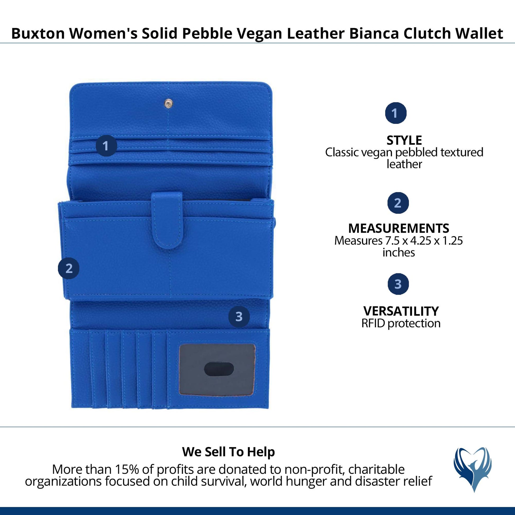 Buxton Women's Solid Colored Premium Faux Leather Bianca Clutch Wallet - Extreme Blue