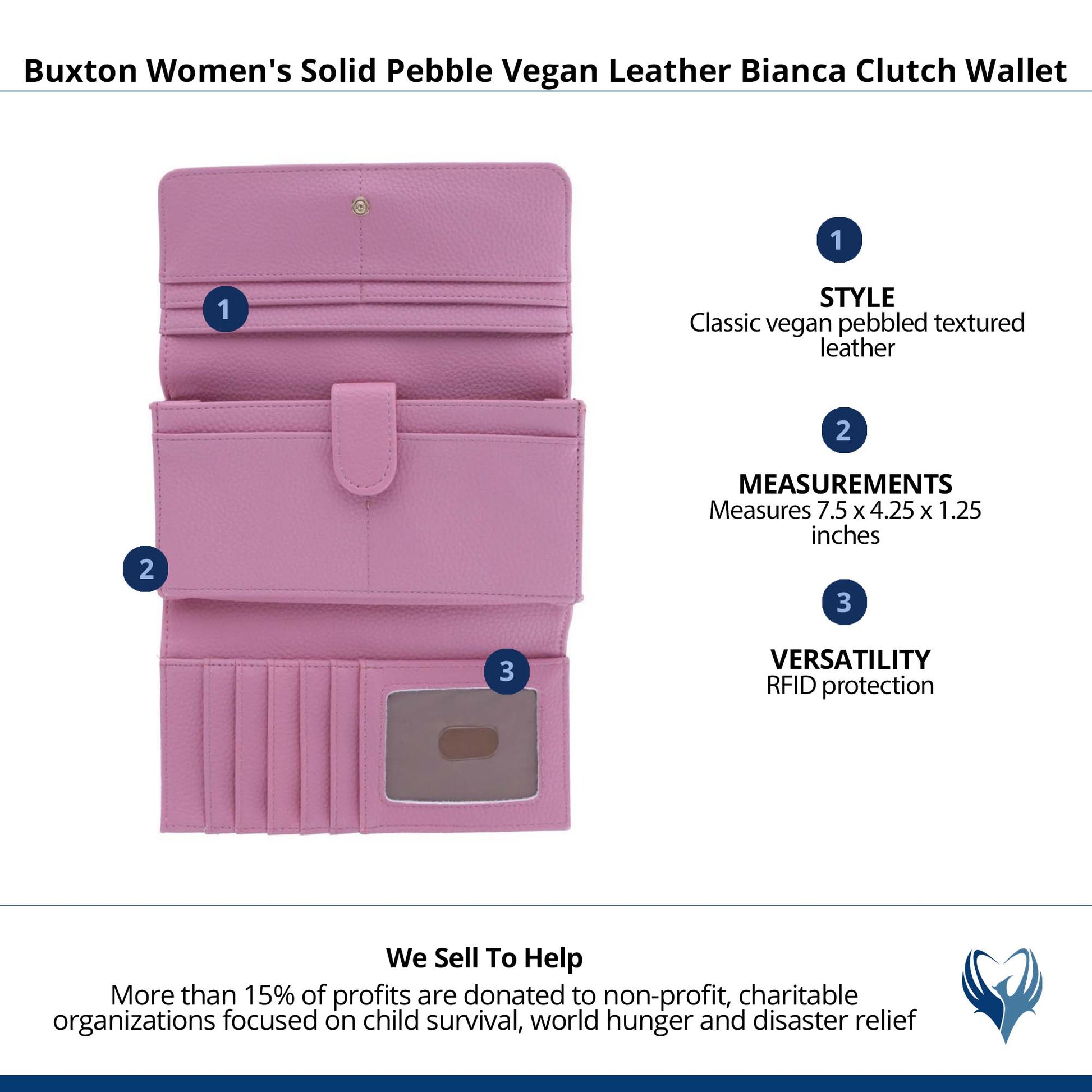 Buxton Women's Solid Colored Premium Faux Leather Bianca Clutch Wallet - Mauve