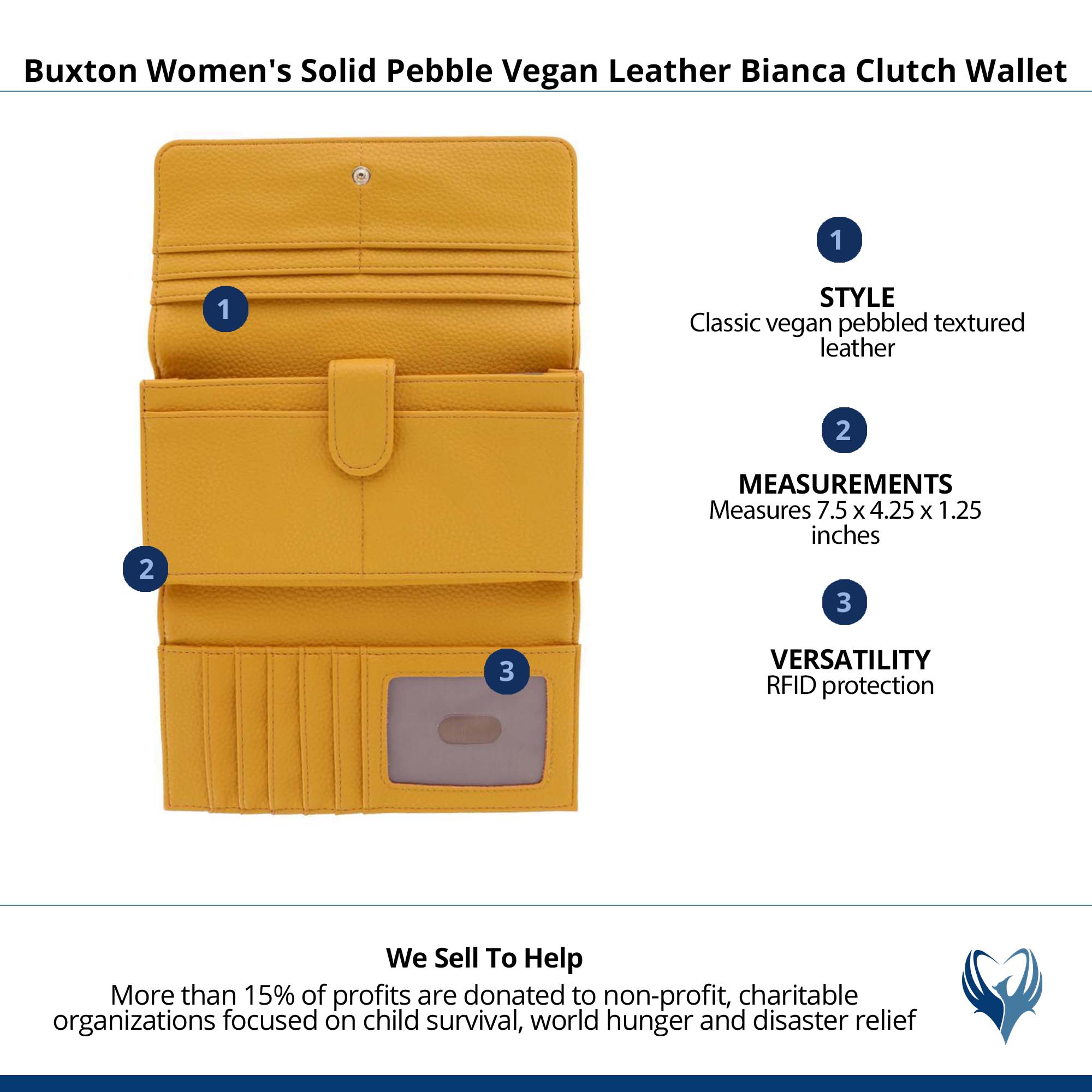 Buxton Women's Solid Colored Premium Faux Leather Bianca Clutch Wallet - Mustard