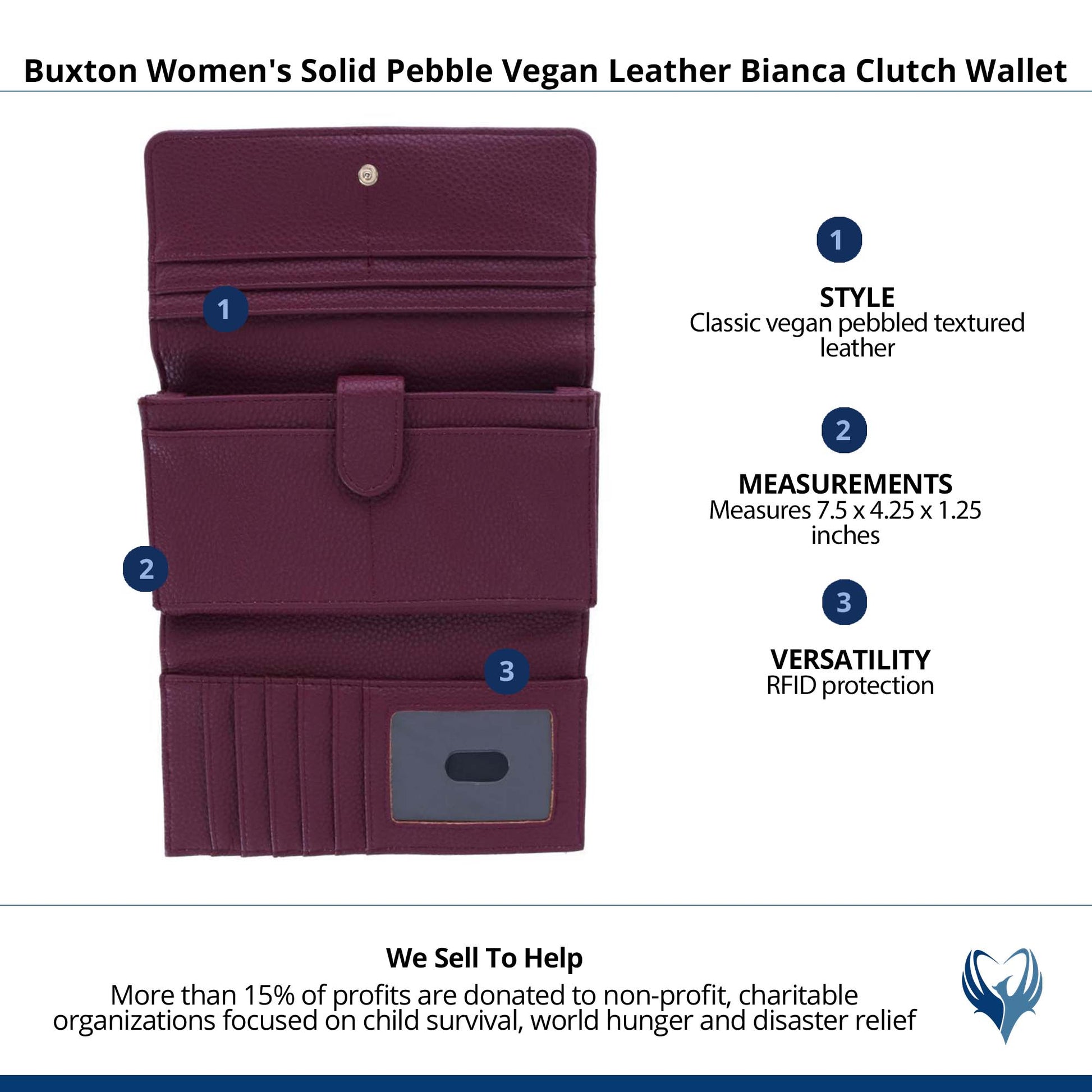 Buxton Women's Solid Colored Premium Faux Leather Bianca Clutch Wallet - Oxblood