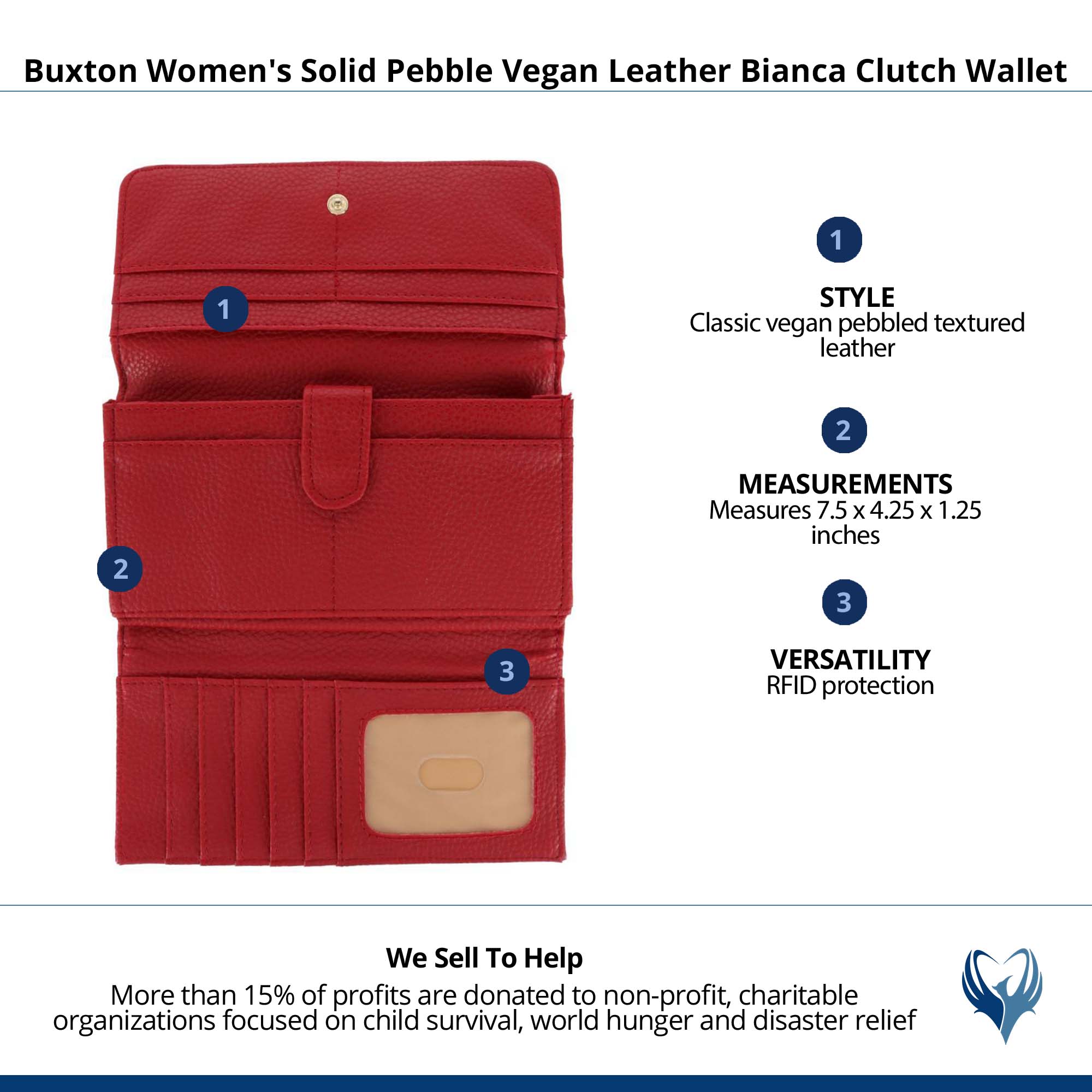 Buxton Women's Solid Colored Premium Faux Leather Bianca Clutch Wallet - Red