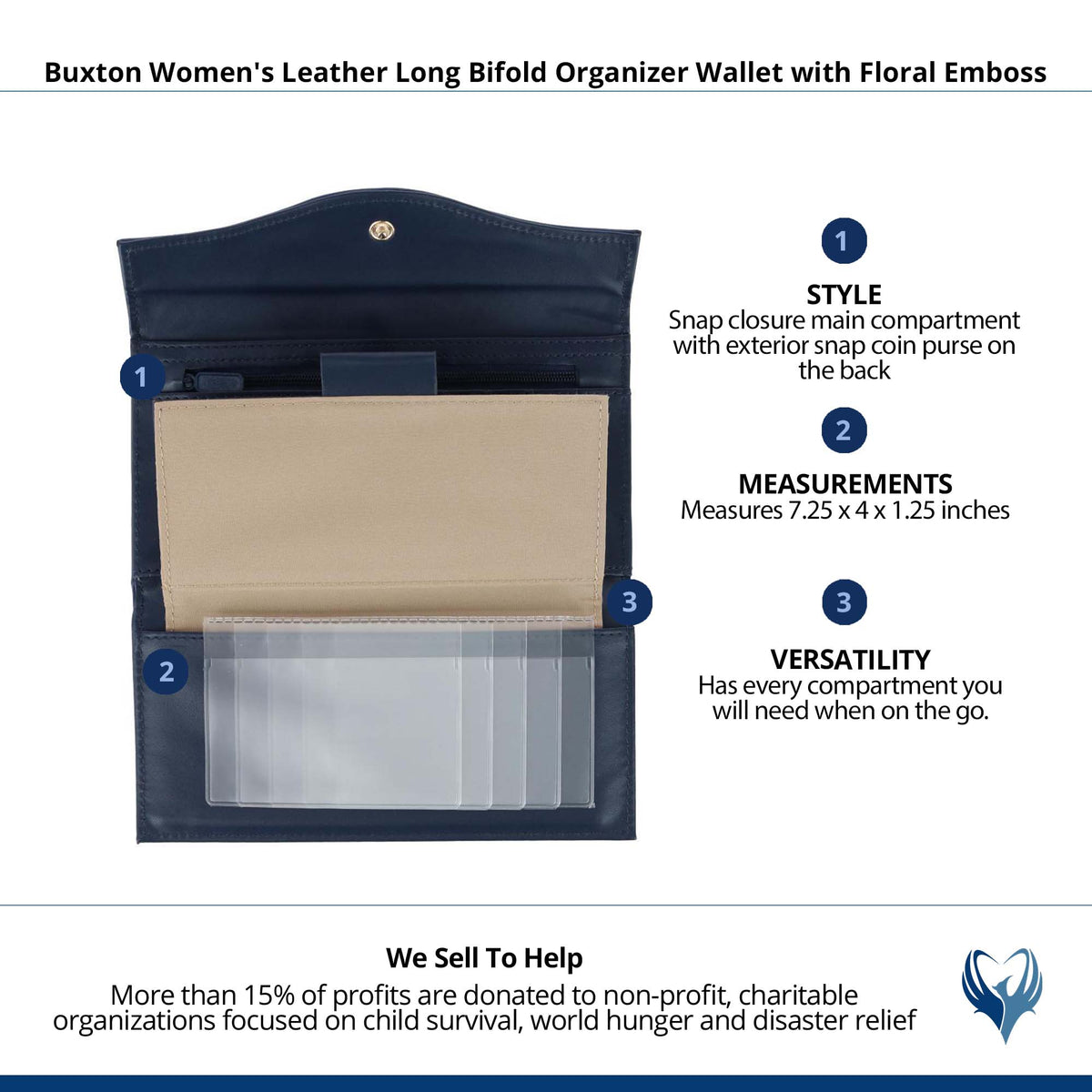 Buxton Women's Leather Long Bifold Organizer Wallet with Floral Emboss - Navy