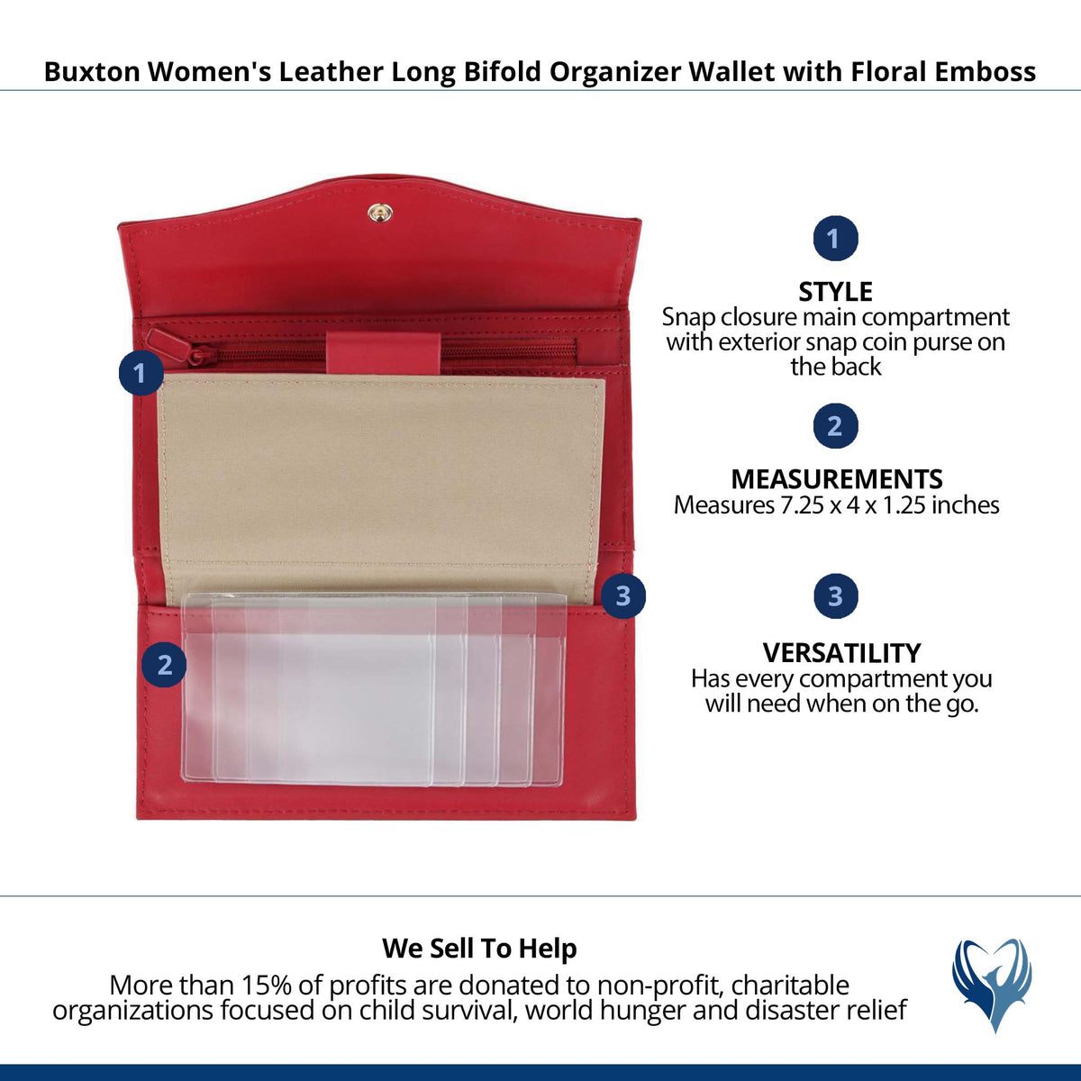 Buxton Women's Leather Long Bifold Organizer Wallet with Floral Emboss - Red