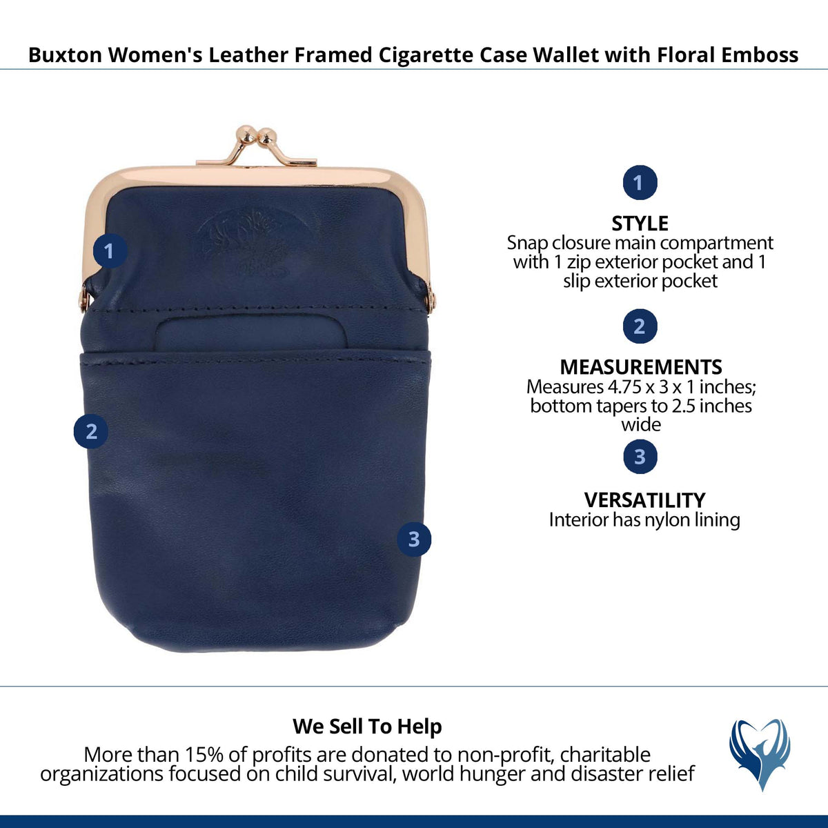 Buxton Women's Leather Framed Cigarette Case Wallet with Floral Emboss - Navy Blue