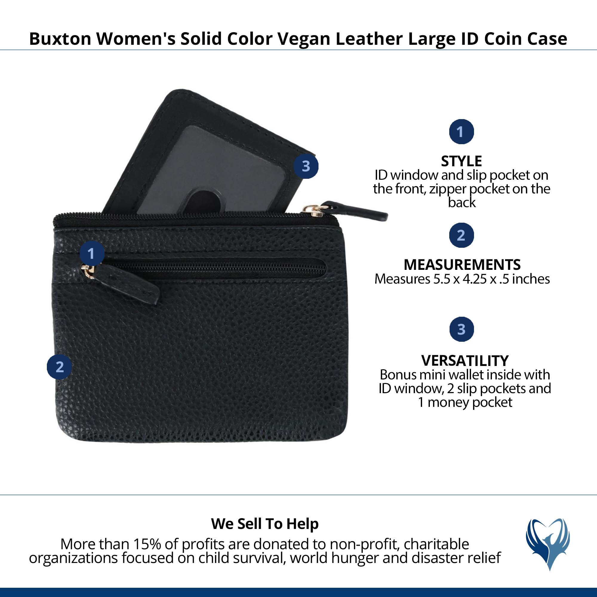 Buxton Women's Colorful Designer Premium Faux Leather Large ID Coin Case - Black