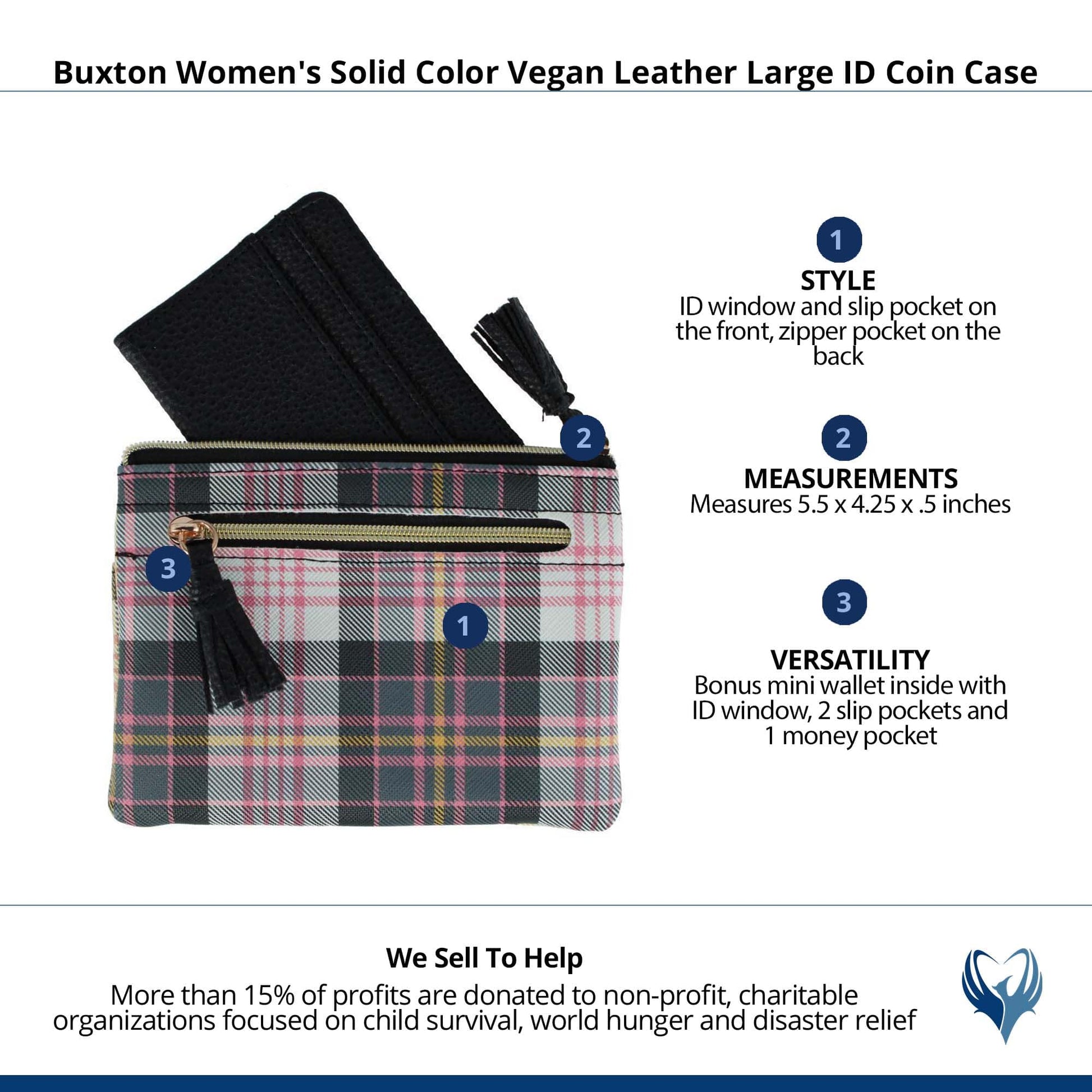 Buxton Women's Colorful Designer Premium Faux Leather Large ID Coin Case - Black Plaid