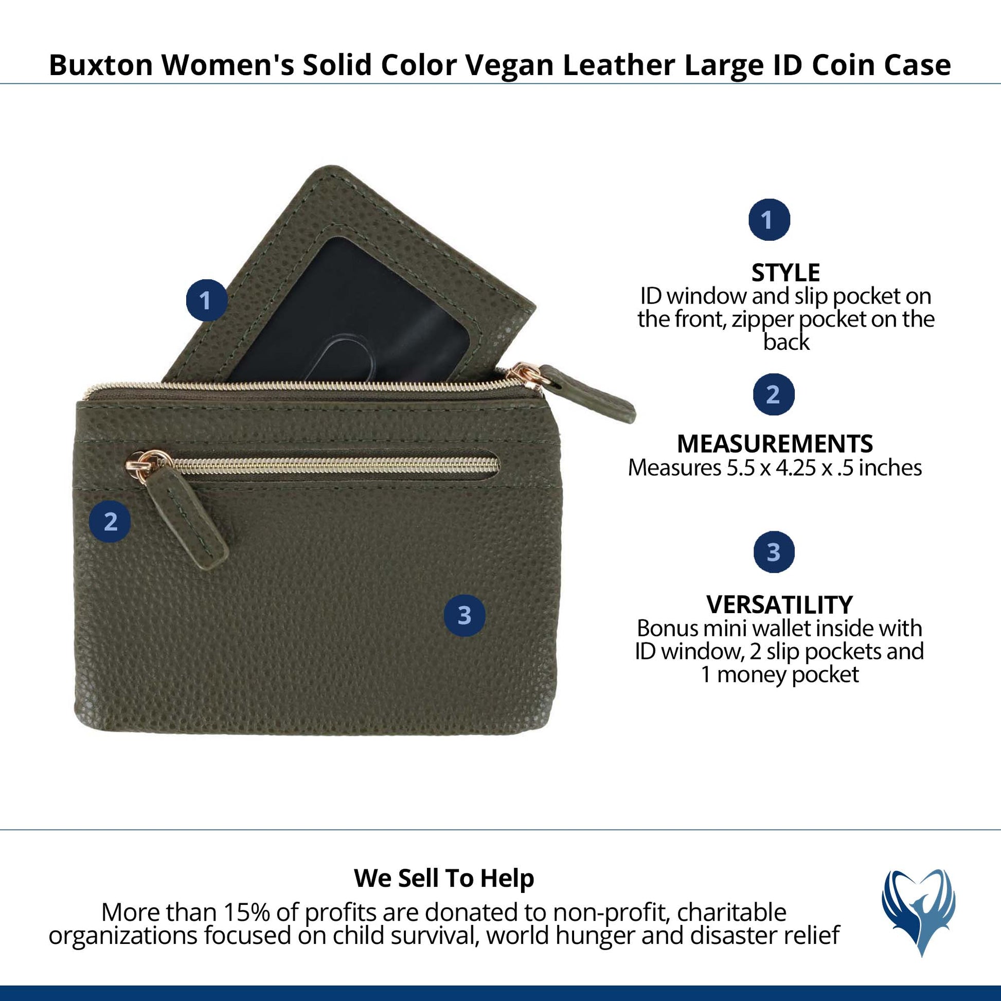 Buxton Women's Colorful Designer Premium Faux Leather Large ID Coin Case - Olive Green