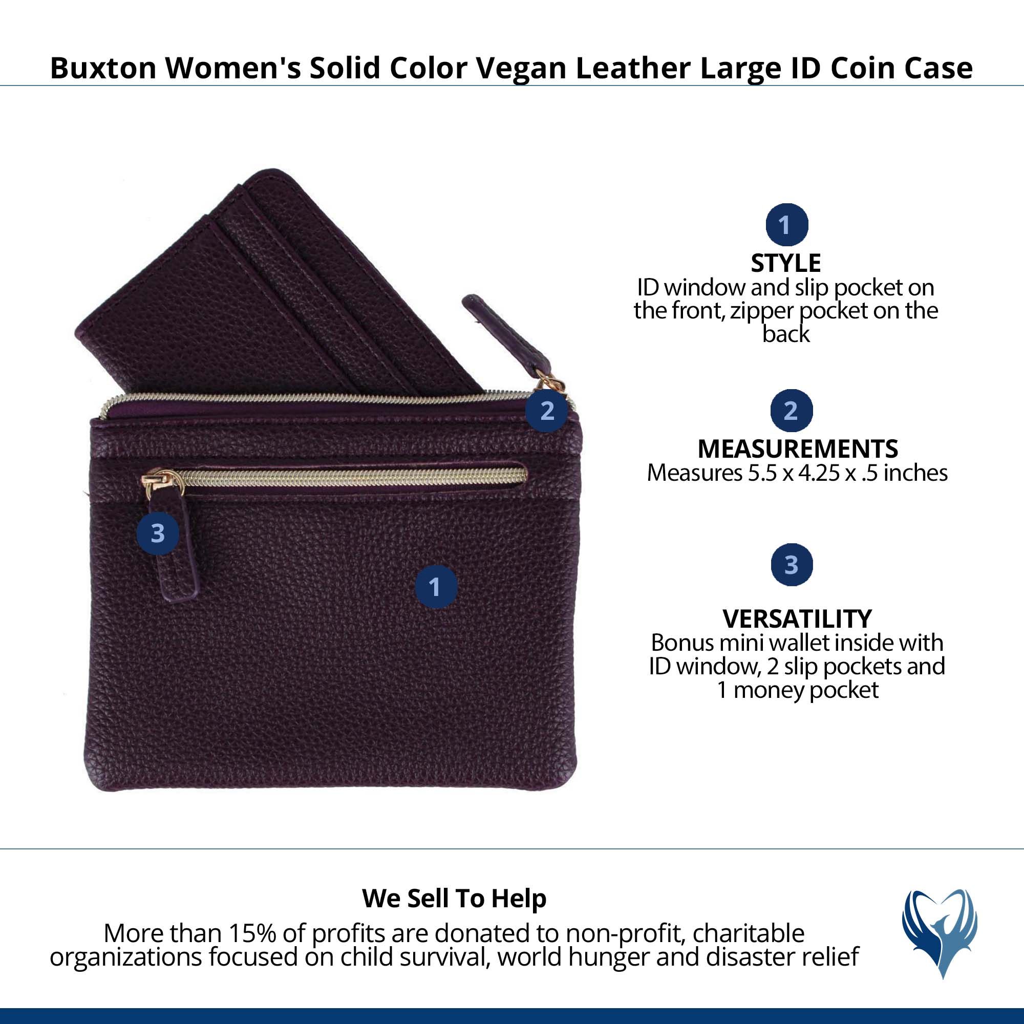 Buxton Women's Colorful Designer Premium Faux Leather Large ID Coin Case - Plum