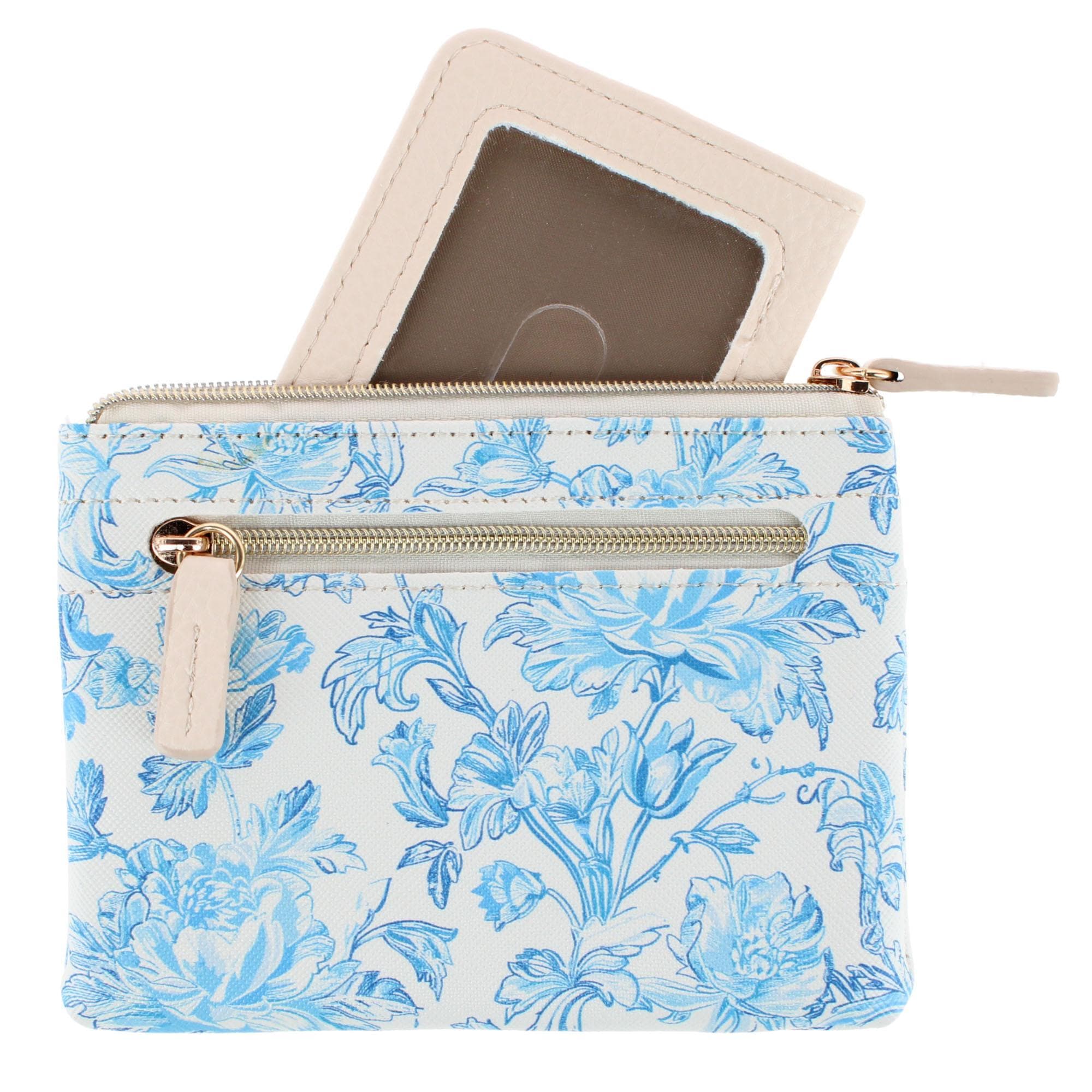 Buxton Women's Colorful Designer Premium Faux Leather Large ID Coin Case - White with Light Blue