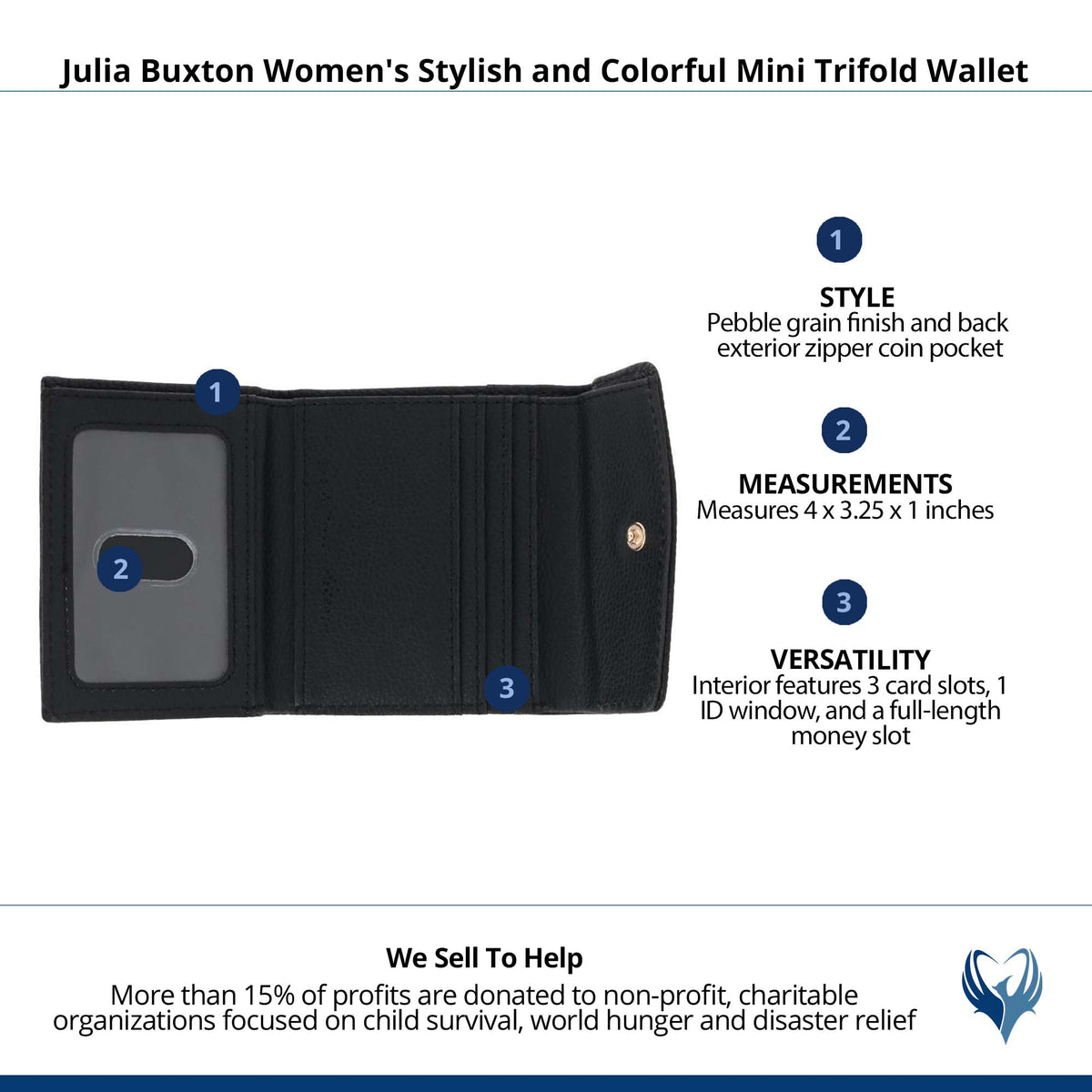 Julia Buxton Women's Stylish and Colorful Mini Trifold Wallet - Black