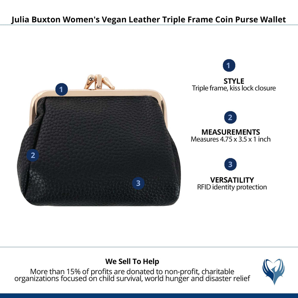 Julia Buxton Women's Premium Faux Leather Triple Frame Coin Purse Wallet - Black