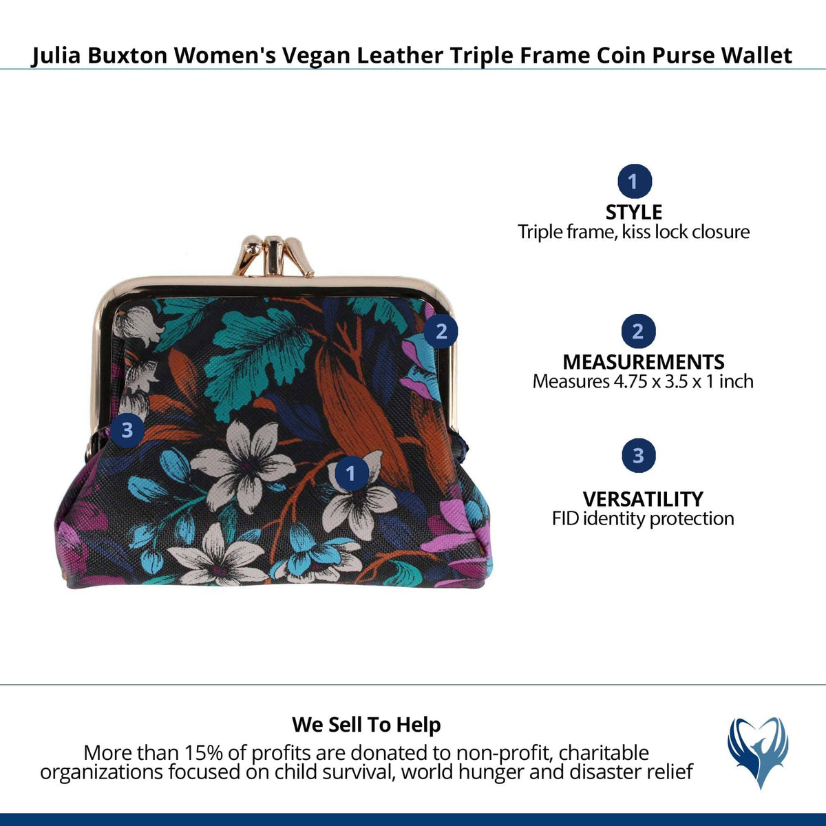 Julia Buxton Women's Premium Faux Leather Triple Frame Coin Purse Wallet - Blooming Flowers