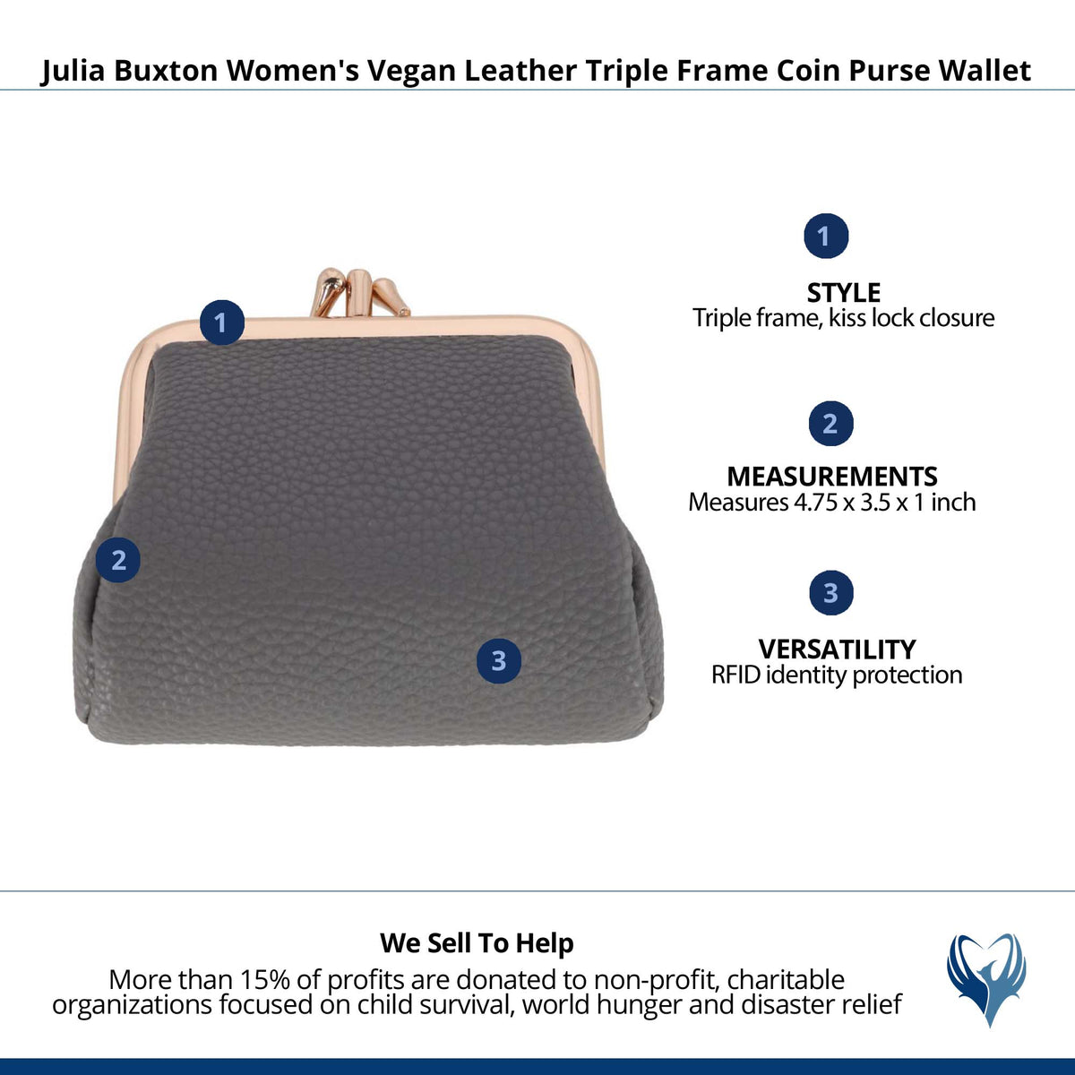 Julia Buxton Women's Premium Faux Leather Triple Frame Coin Purse Wallet - Cement