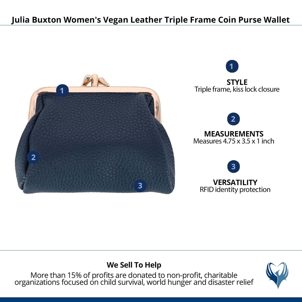 Julia Buxton Women's Premium Faux Leather Triple Frame Coin Purse Wallet - Deep Blue