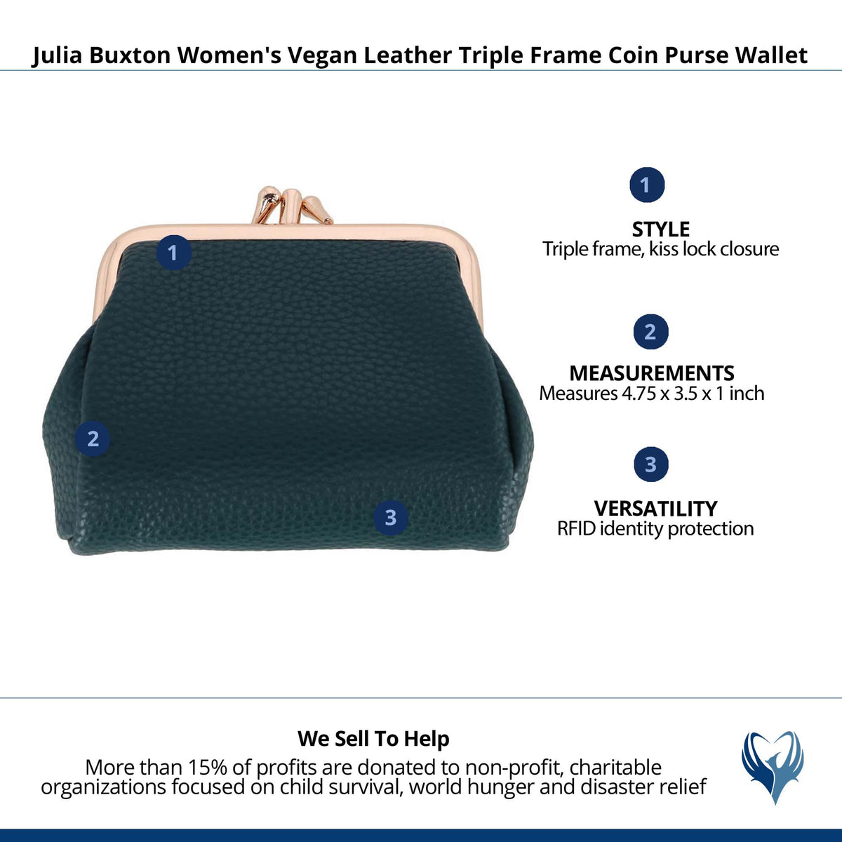 Julia Buxton Women's Premium Faux Leather Triple Frame Coin Purse Wallet - Teal