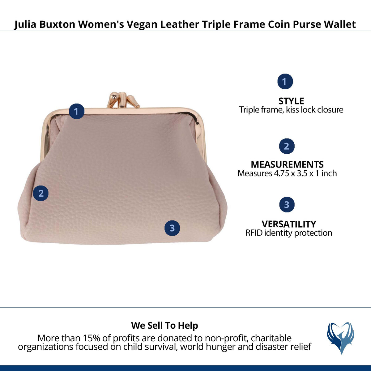 Julia Buxton Women's Premium Faux Leather Triple Frame Coin Purse Wallet - White Pepper