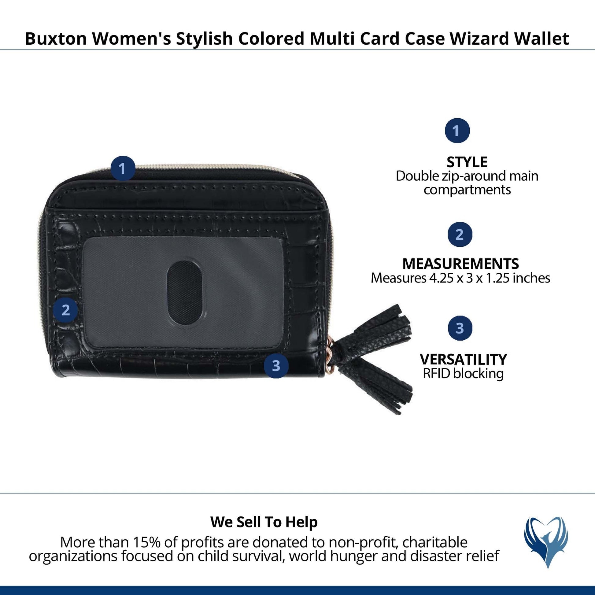 Buxton Women's Stylish Colored Multi Card Case Wizard Wallet - Black Crocodile Pattern