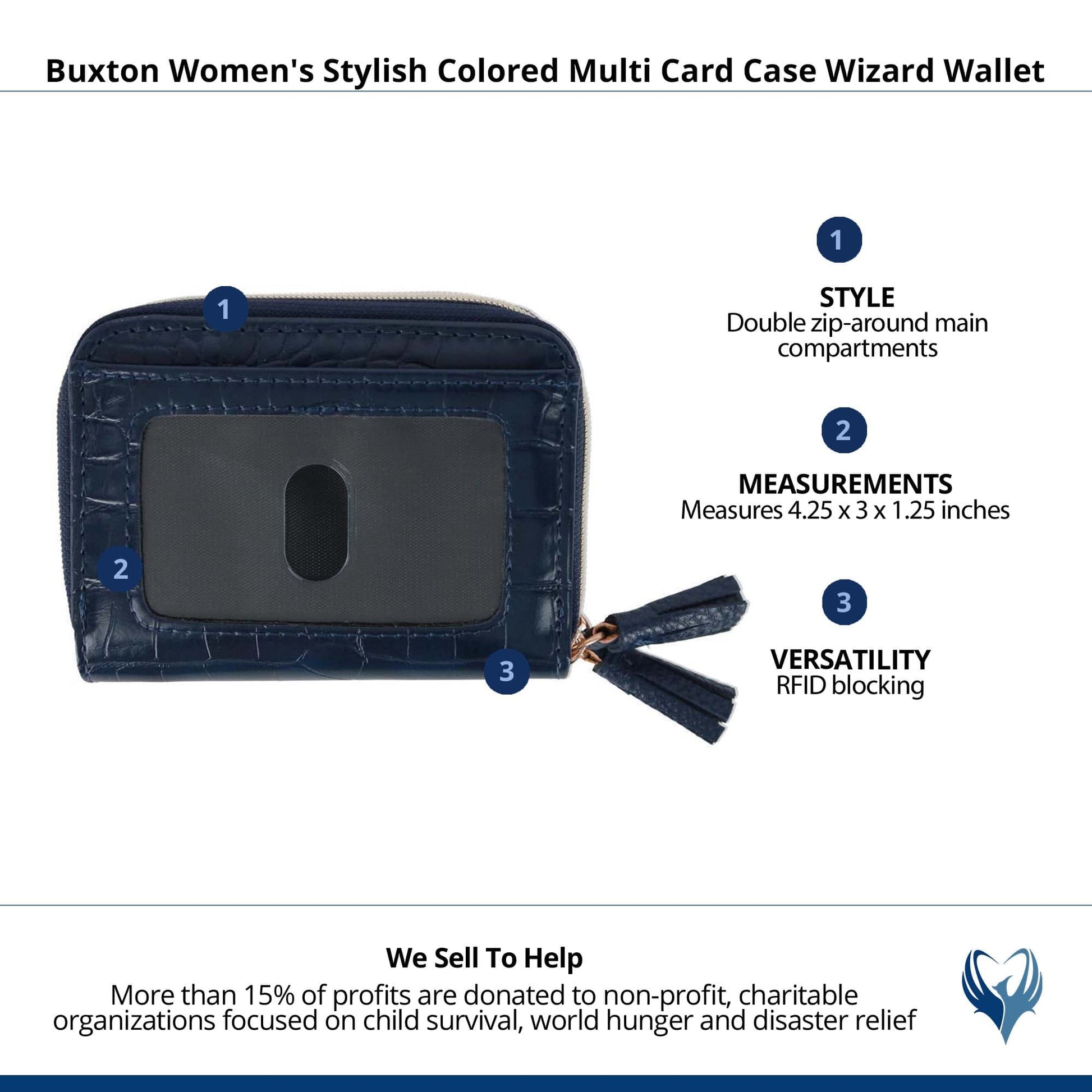 Buxton Women's Stylish Colored Multi Card Case Wizard Wallet - Navy Crocodile Pattern