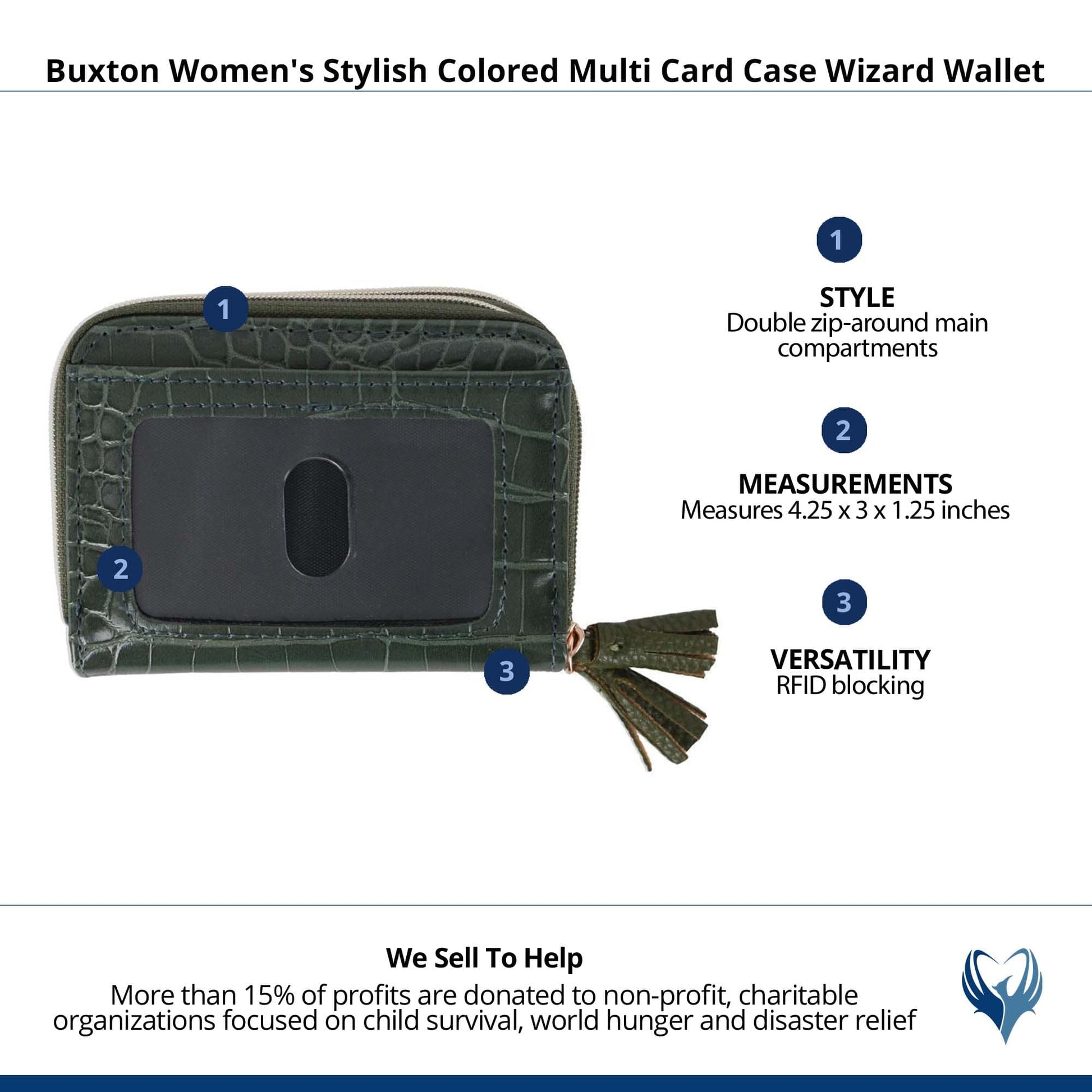 Buxton Women's Stylish Colored Multi Card Case Wizard Wallet - Olive Crocodile Pattern
