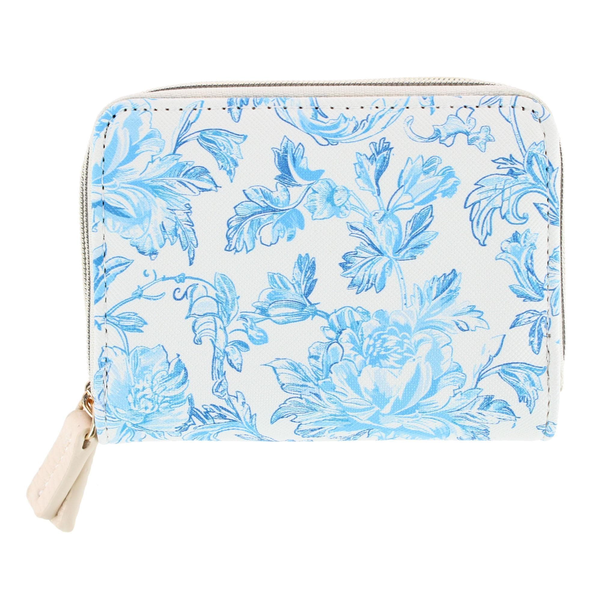 Buxton Women's Stylish Colored Multi Card Case Wizard Wallet - White with Light Blue Floral