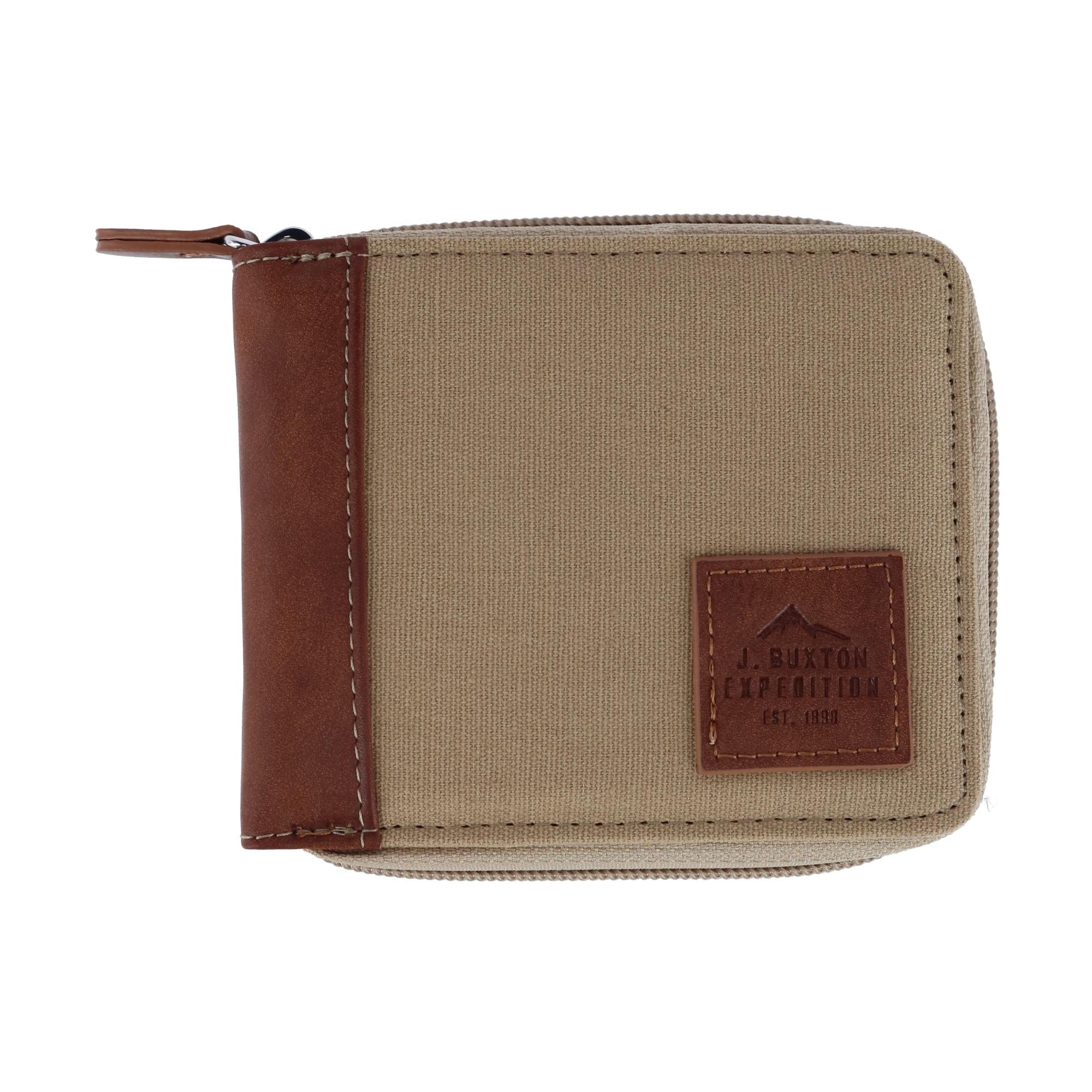 Buxton Men's RFID Canvas and Leather Zip Around Wallet - Tan