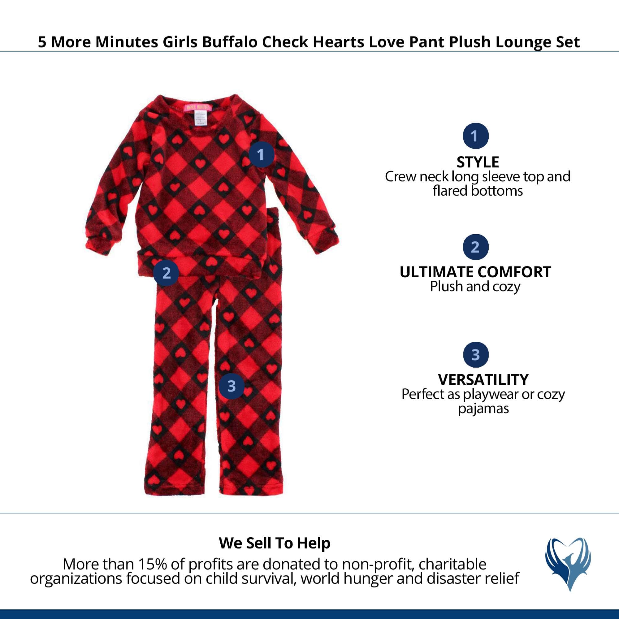 5 More Minutes Girls Buffalo Check Hearts Love Pant Plush Lounge Set - Red
