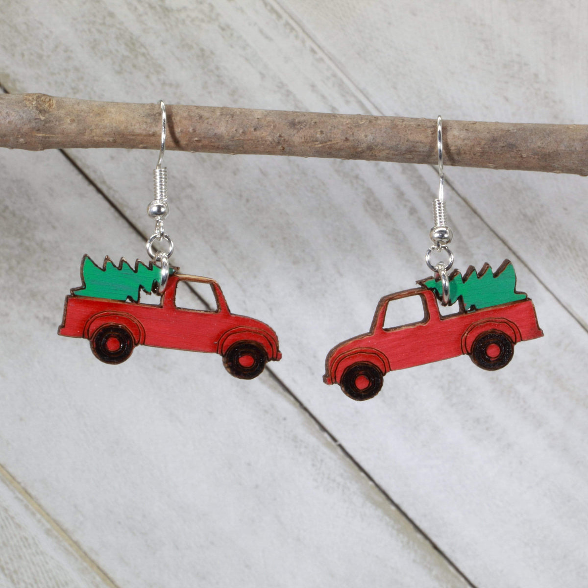 Cate's Concepts, LLC Women's Red Truck Christmas Tree Earrings - red