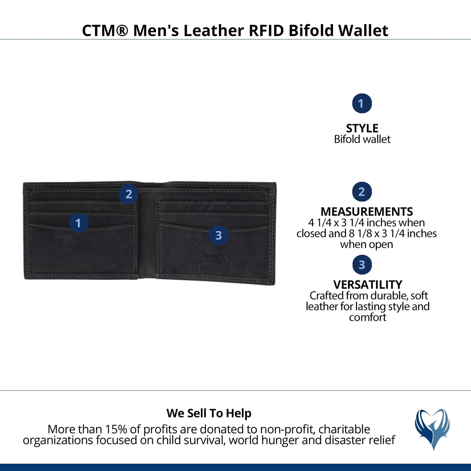 CTM® Men's Leather RFID Bifold Wallet - Charcoal