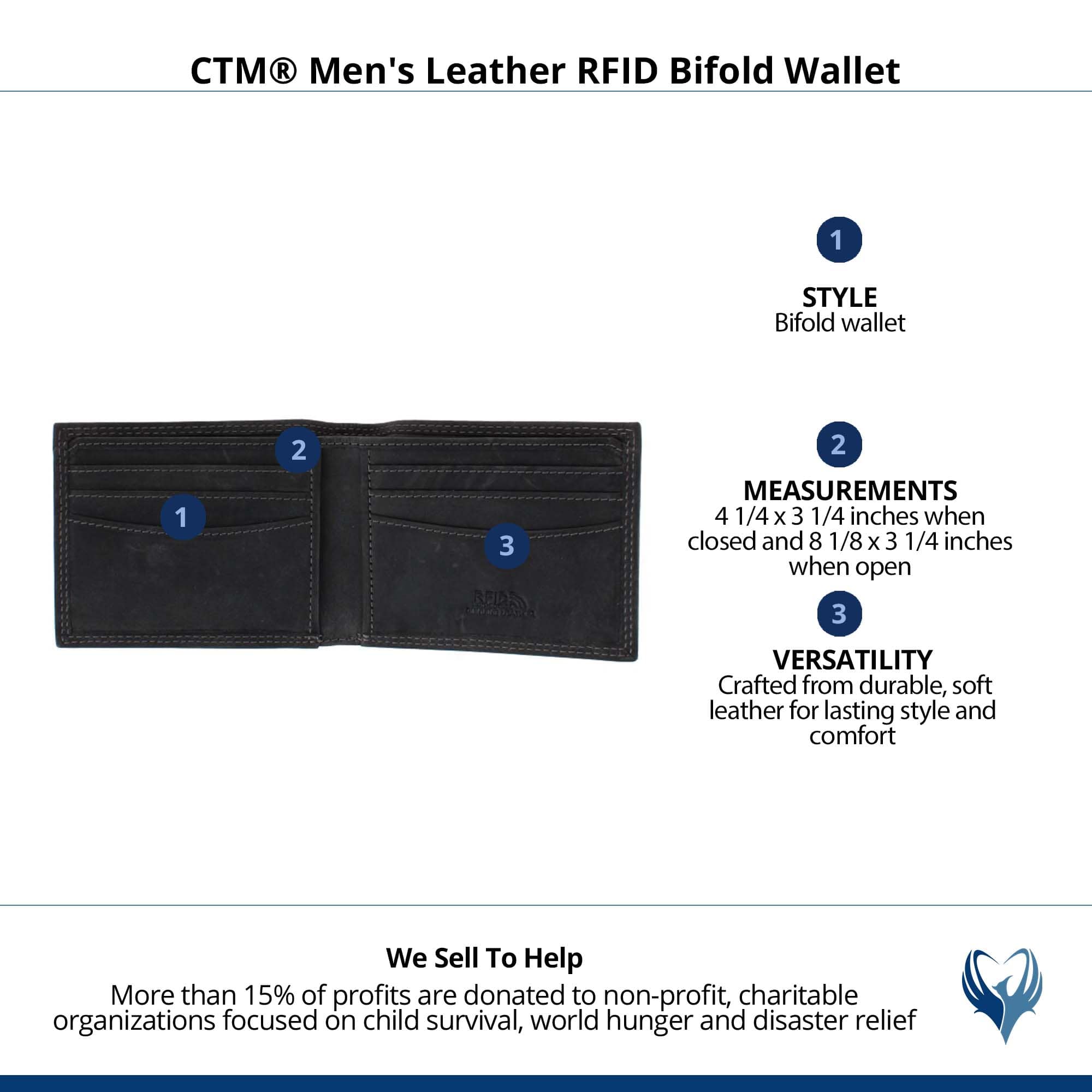 CTM® Men's Leather RFID Bifold Wallet - Charcoal