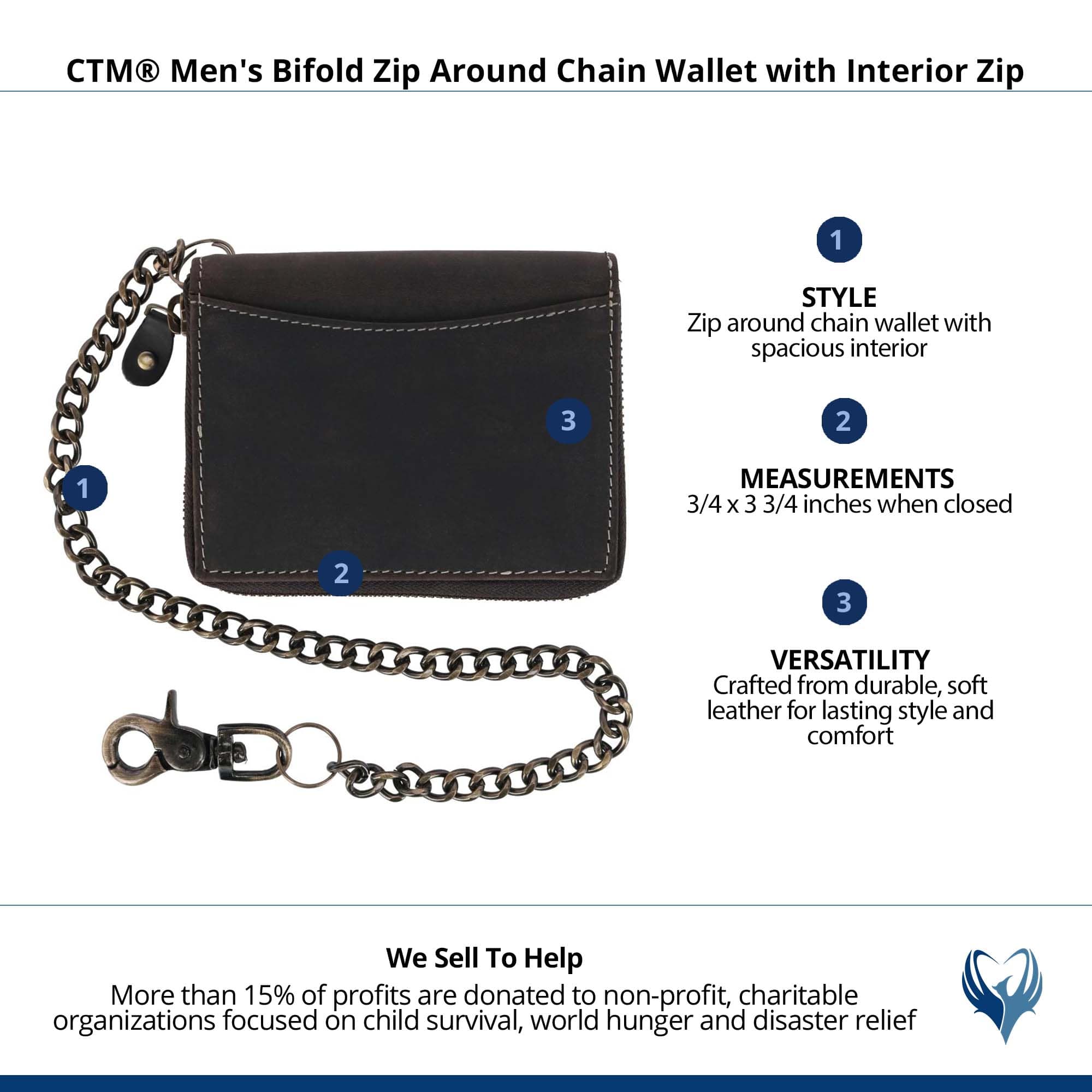 CTM® Men's Bifold Zip Around Chain Wallet with Interior Zip - Black
