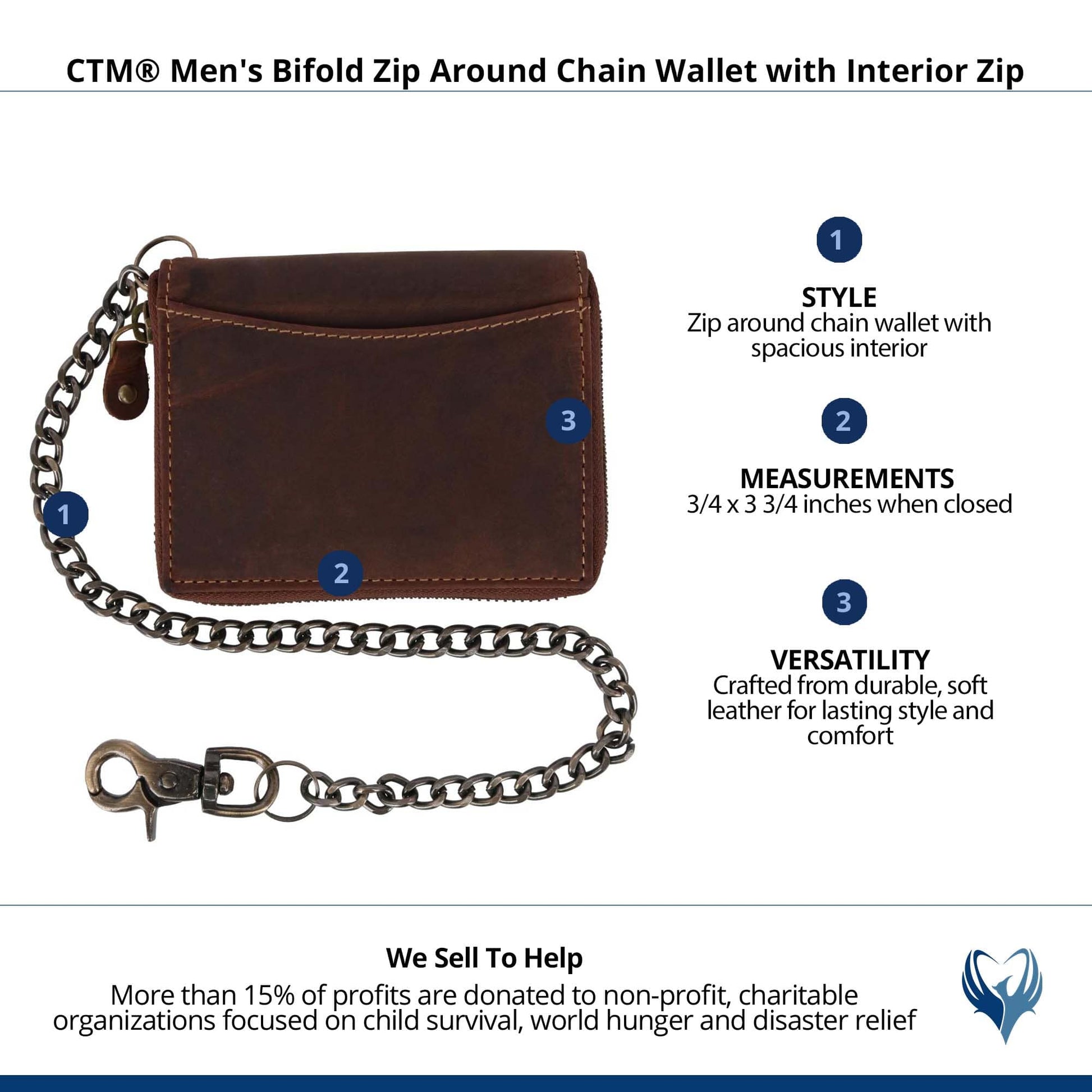 CTM® Men's Bifold Zip Around Chain Wallet with Interior Zip - Brown