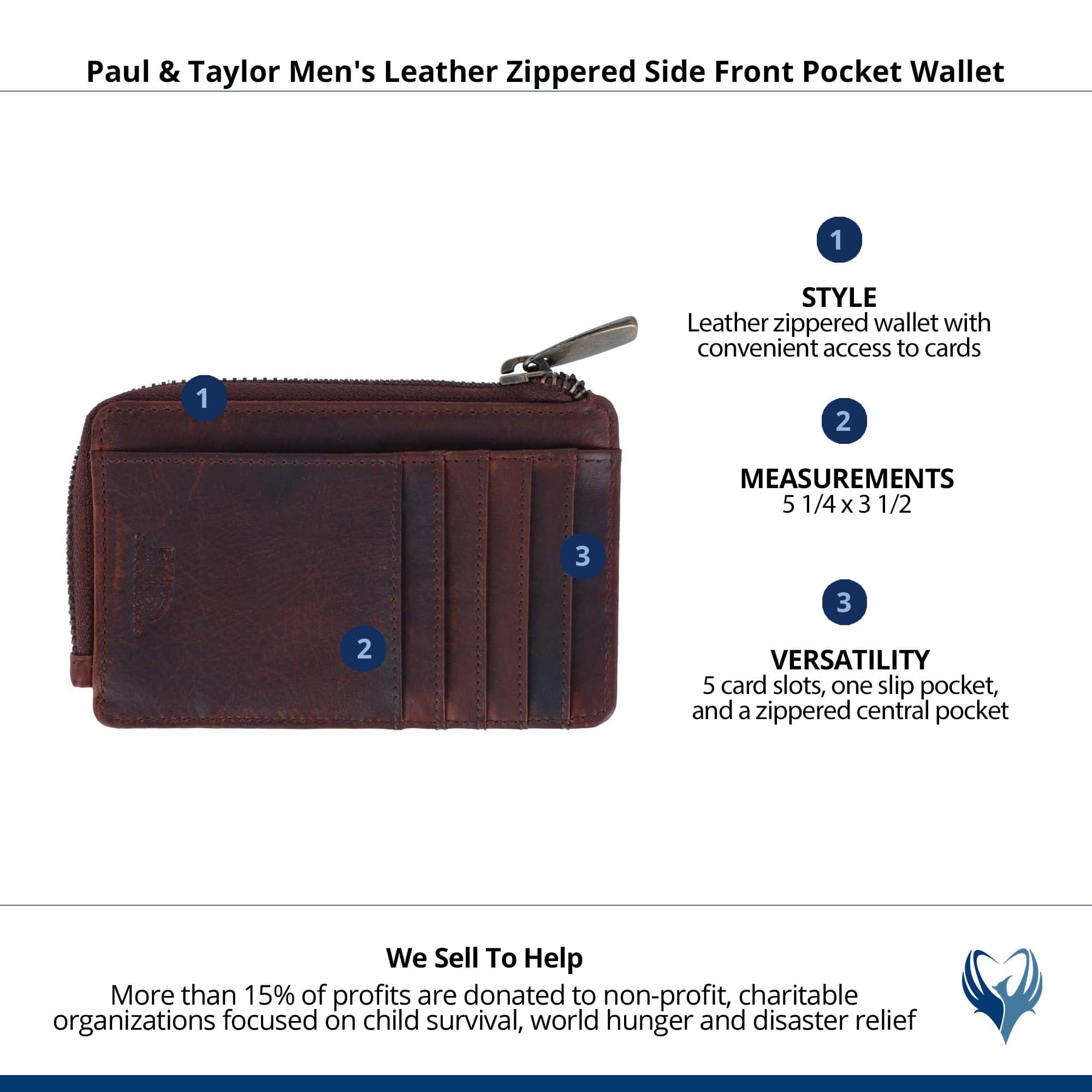 Paul & Taylor Men's Leather Zippered Side Front Pocket Wallet - Brown