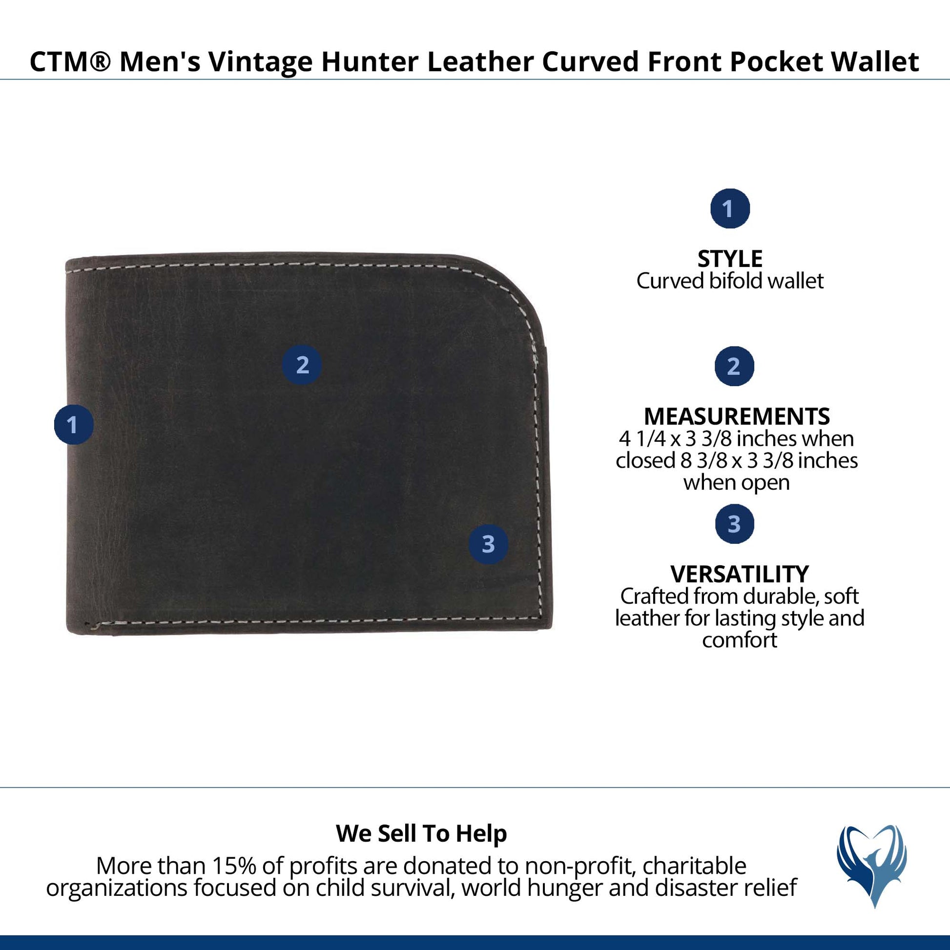 CTM® Men's Vintage Hunter Leather Curved Front Pocket Wallet - Black
