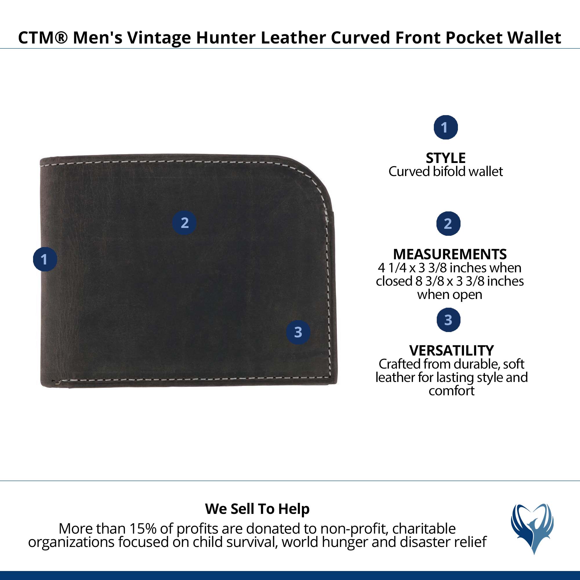 CTM® Men's Vintage Hunter Leather Curved Front Pocket Wallet - Black